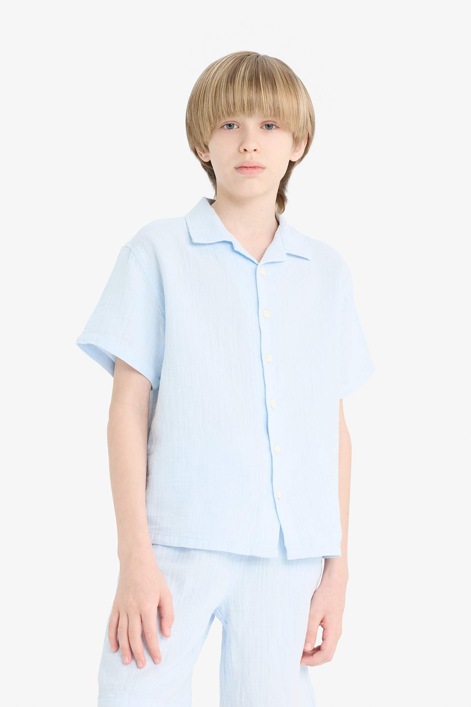 Erkek Çocuk Oversize Geniş Kalıp Polo Yaka Müslin Kısa Kollu Gömlek