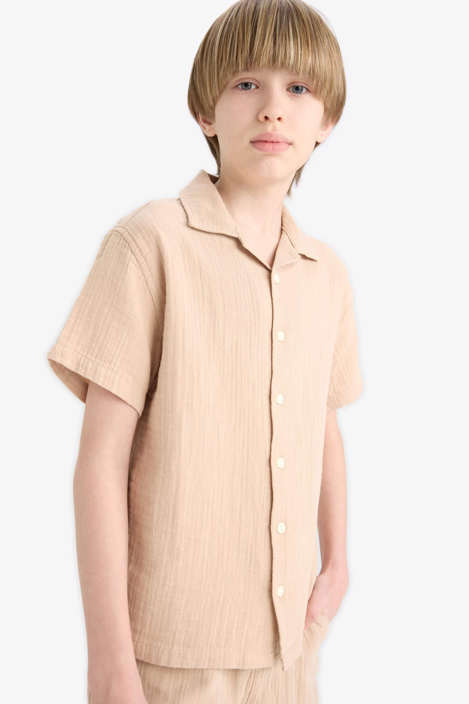 Erkek Çocuk Oversize Geniş Kalıp Polo Yaka Müslin Kısa Kollu Gömlek