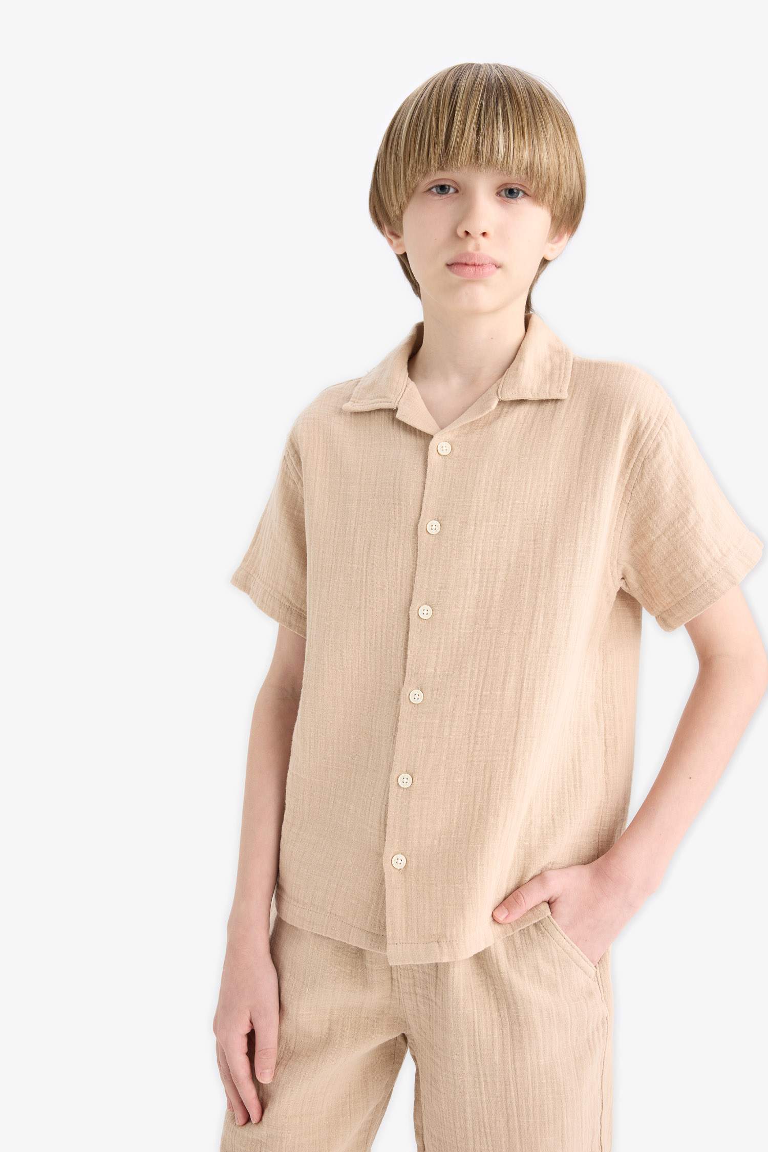 Erkek Çocuk Oversize Geniş Kalıp Polo Yaka Müslin Kısa Kollu Gömlek