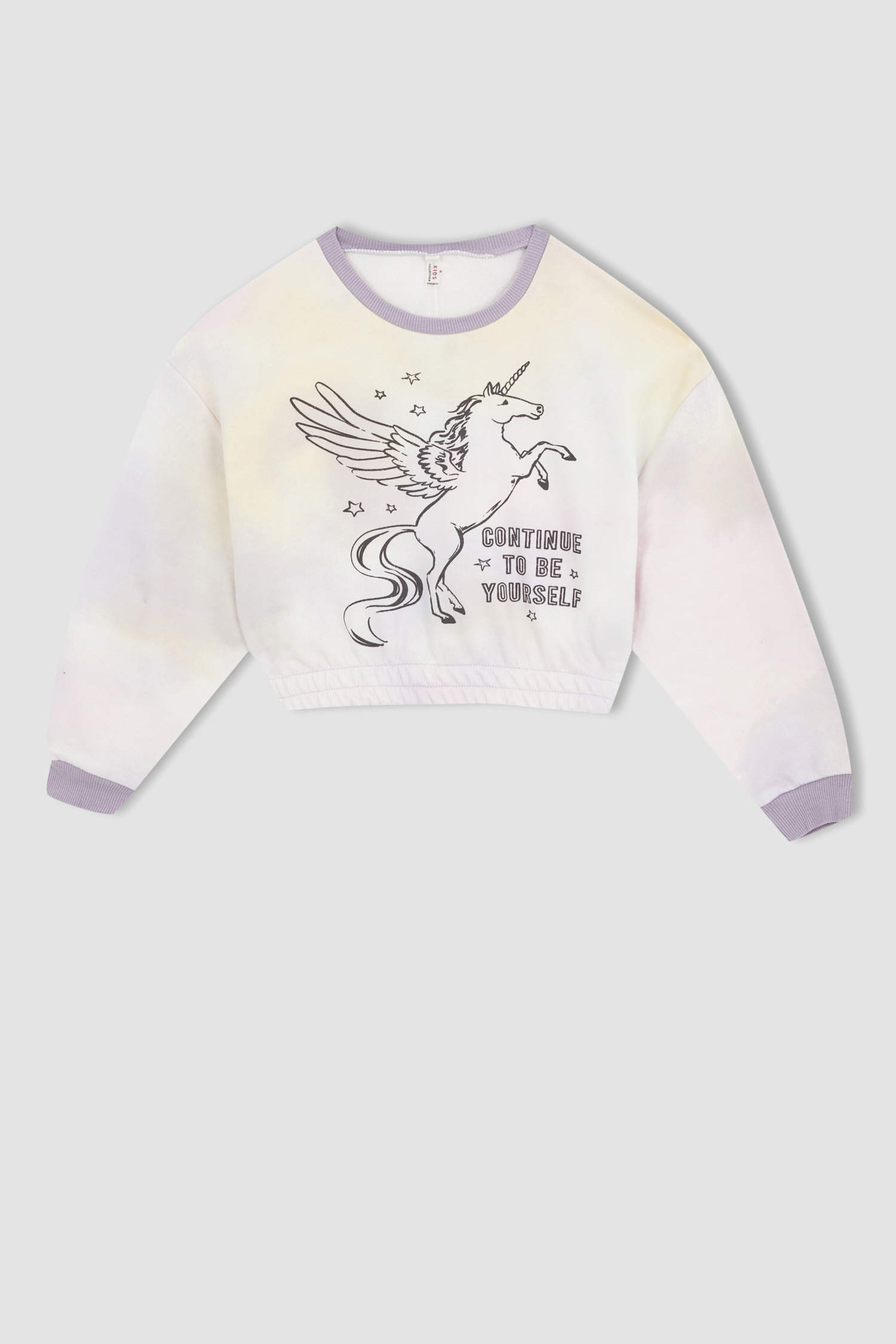 Kız Çocuk Bisiklet Yaka Batik Desenli Unicorn Baskılı Crop Sweatshirt