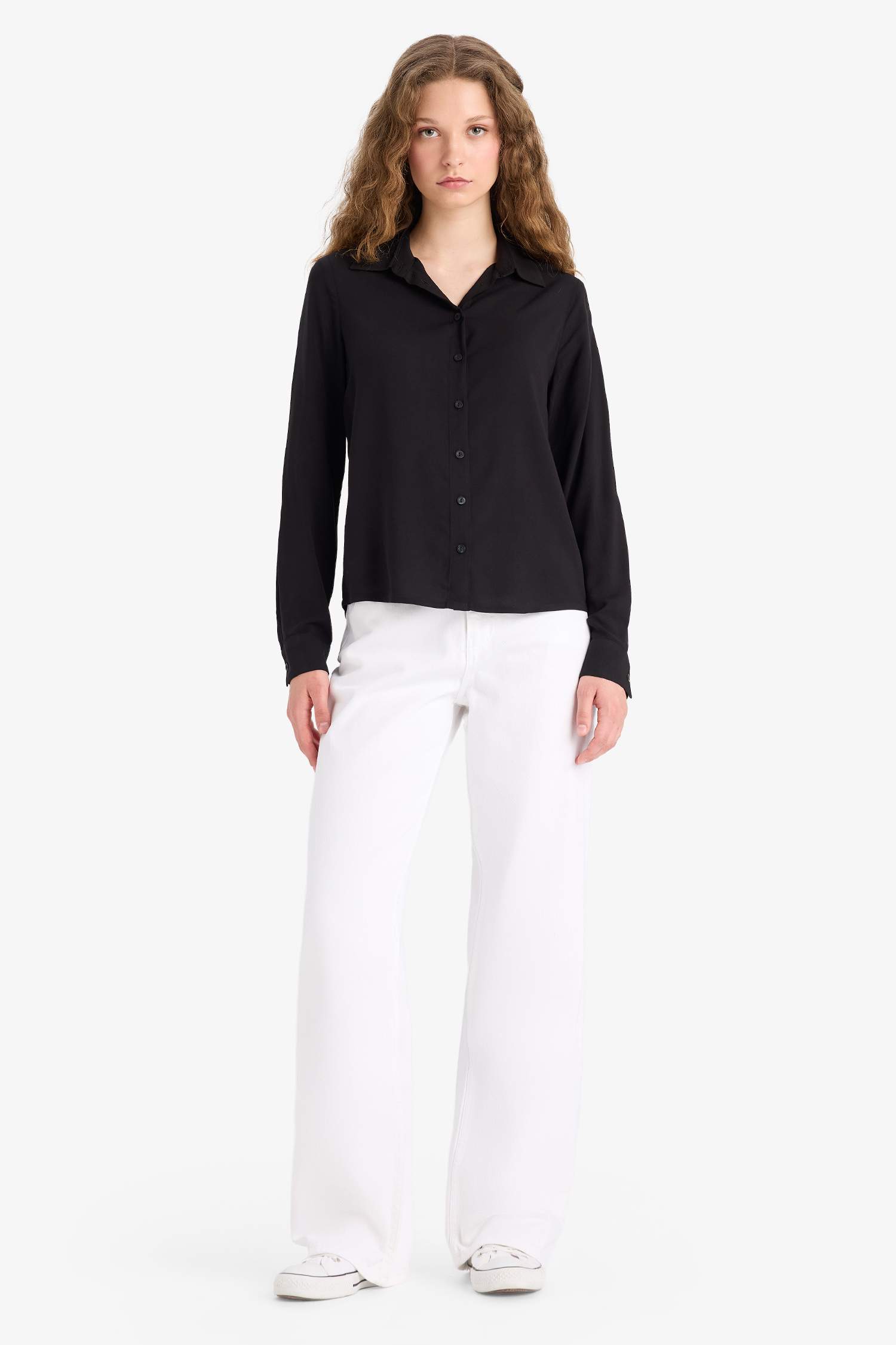 قميص كم طويل قصة عادية بياقة قميص