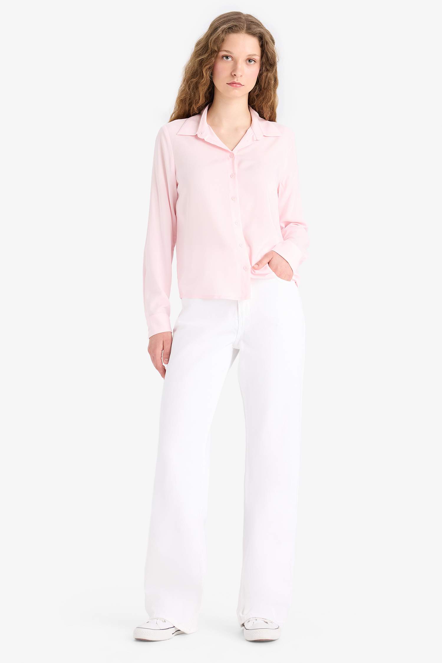 قميص كم طويل قصة عادية بياقة قميص