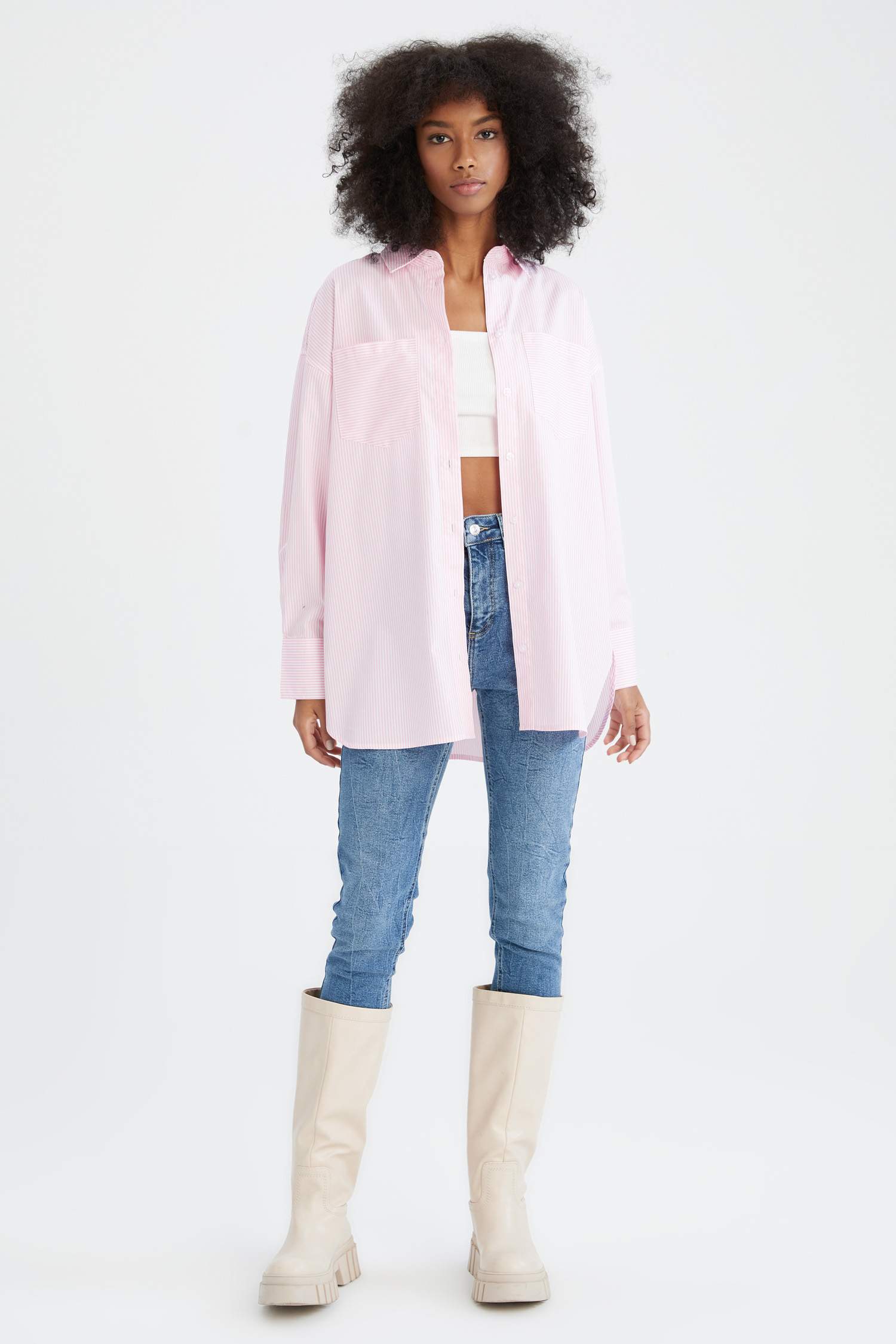 Tunique tissée manches longues denim Femme Canne indigo clair main image 0