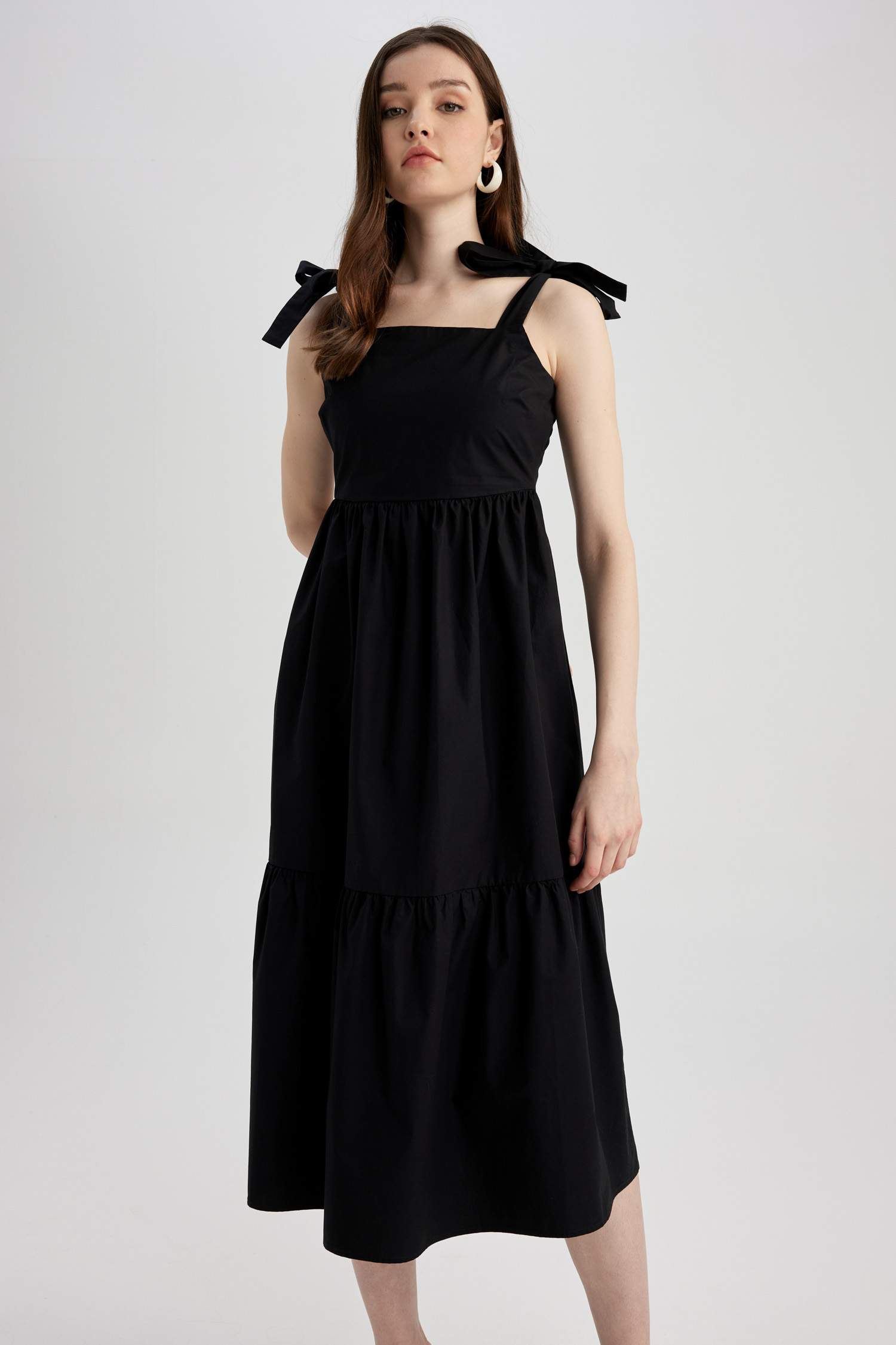 Square Collar Poplin Midi Dress