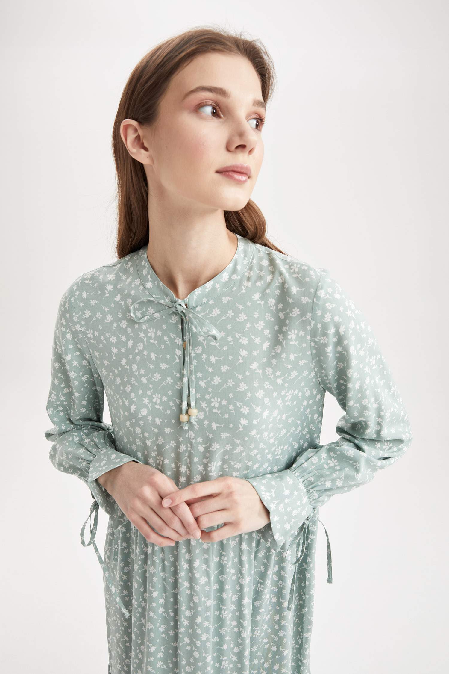 Green Woman Regular Fit Floral Patterned Viscose Maxi Shirt Dress