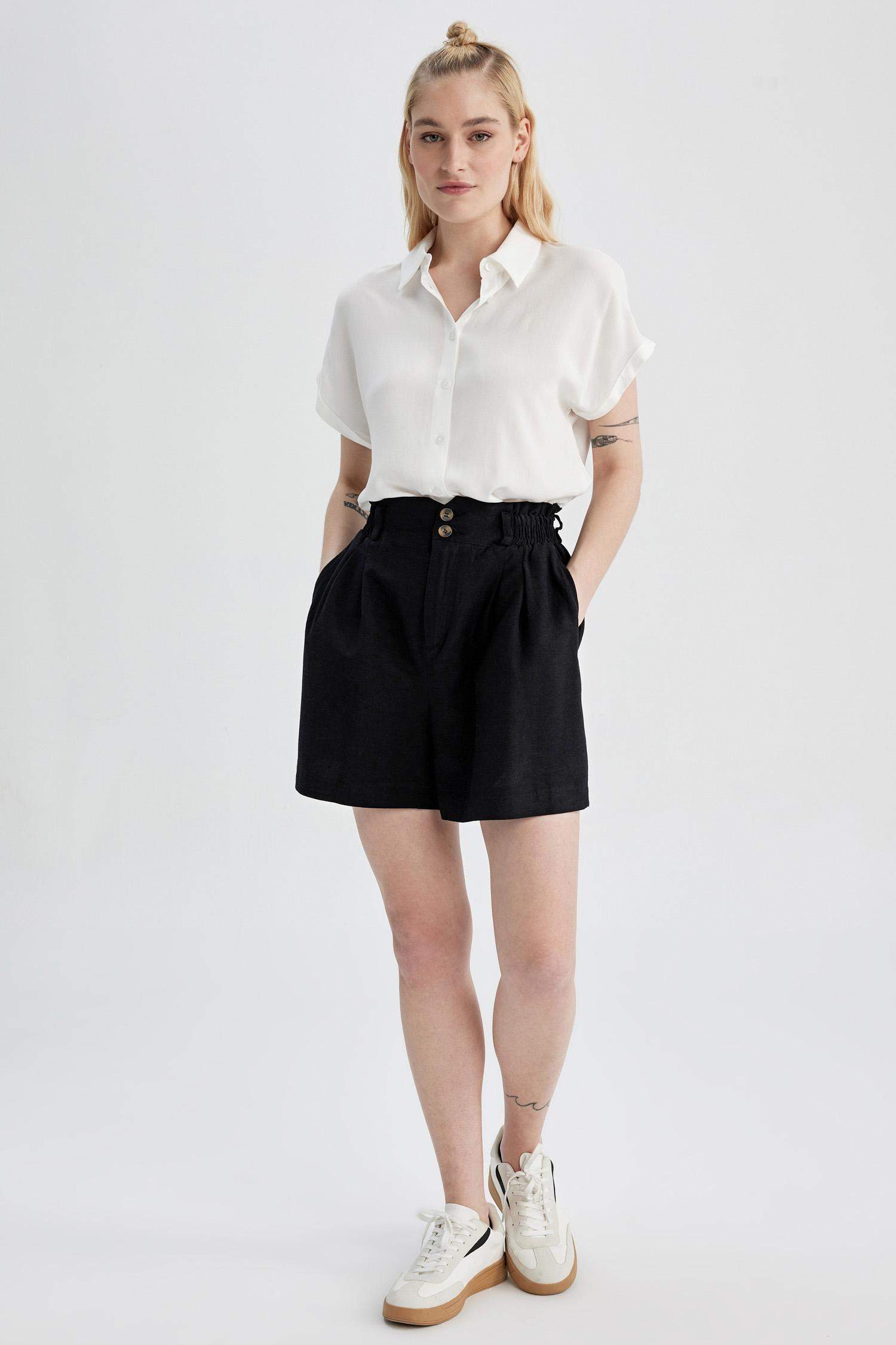 Relax Fit Paperbag Waist Linen Blend Shorts