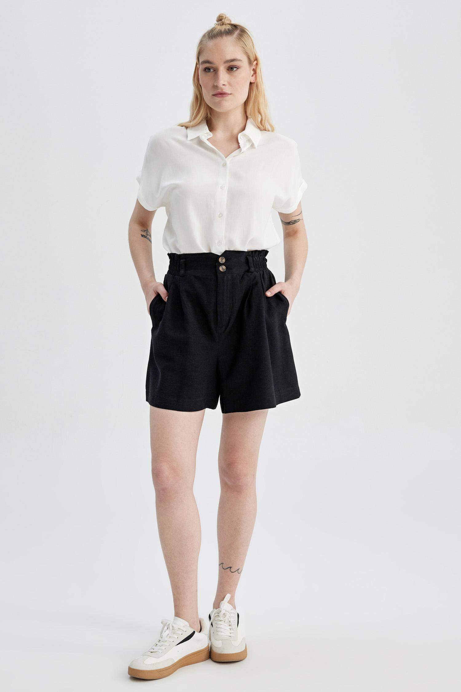 Relax Fit Paperbag Waist Linen Blend Shorts