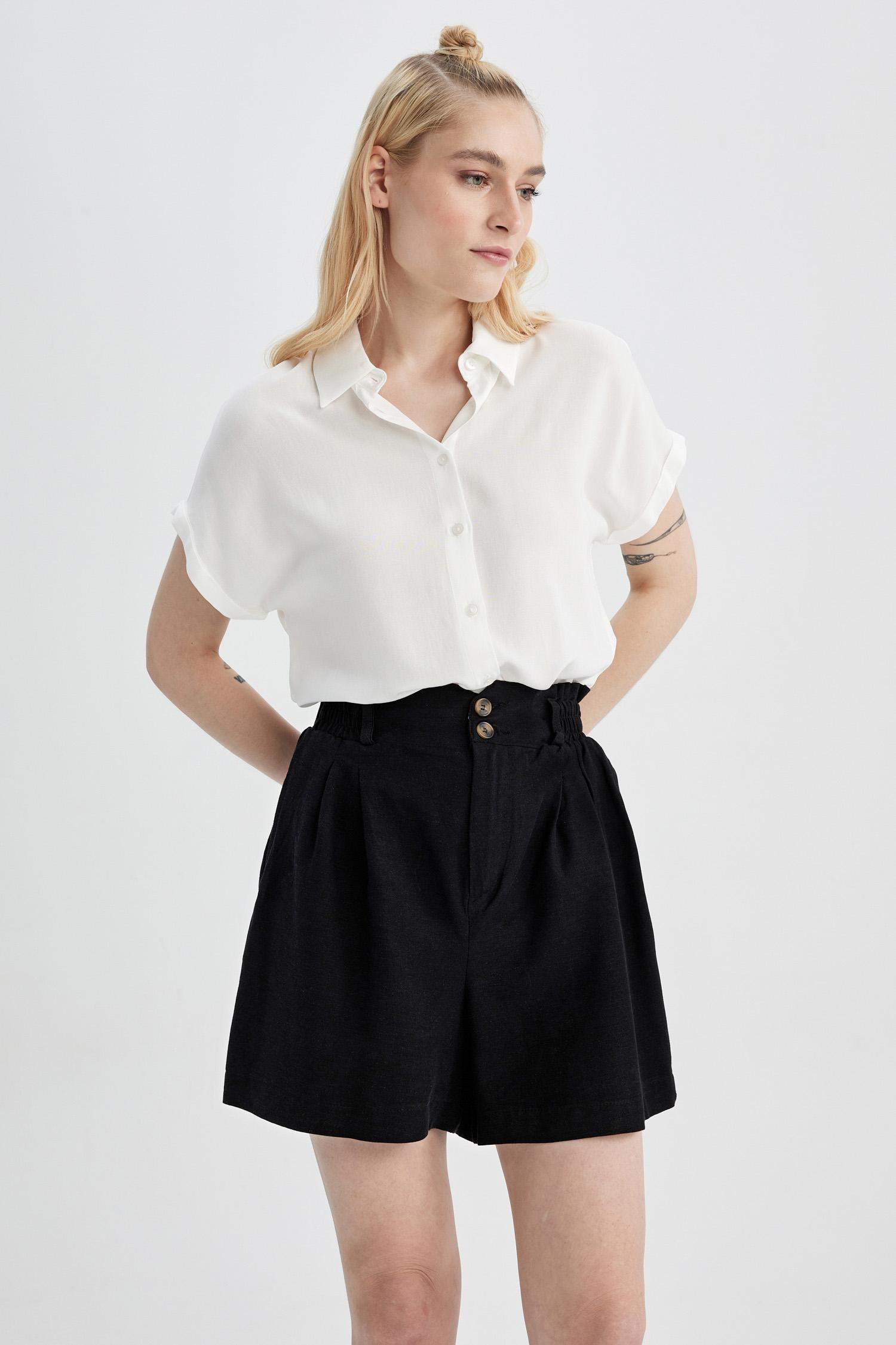 Relax Fit Paperbag Waist Linen Blend Shorts