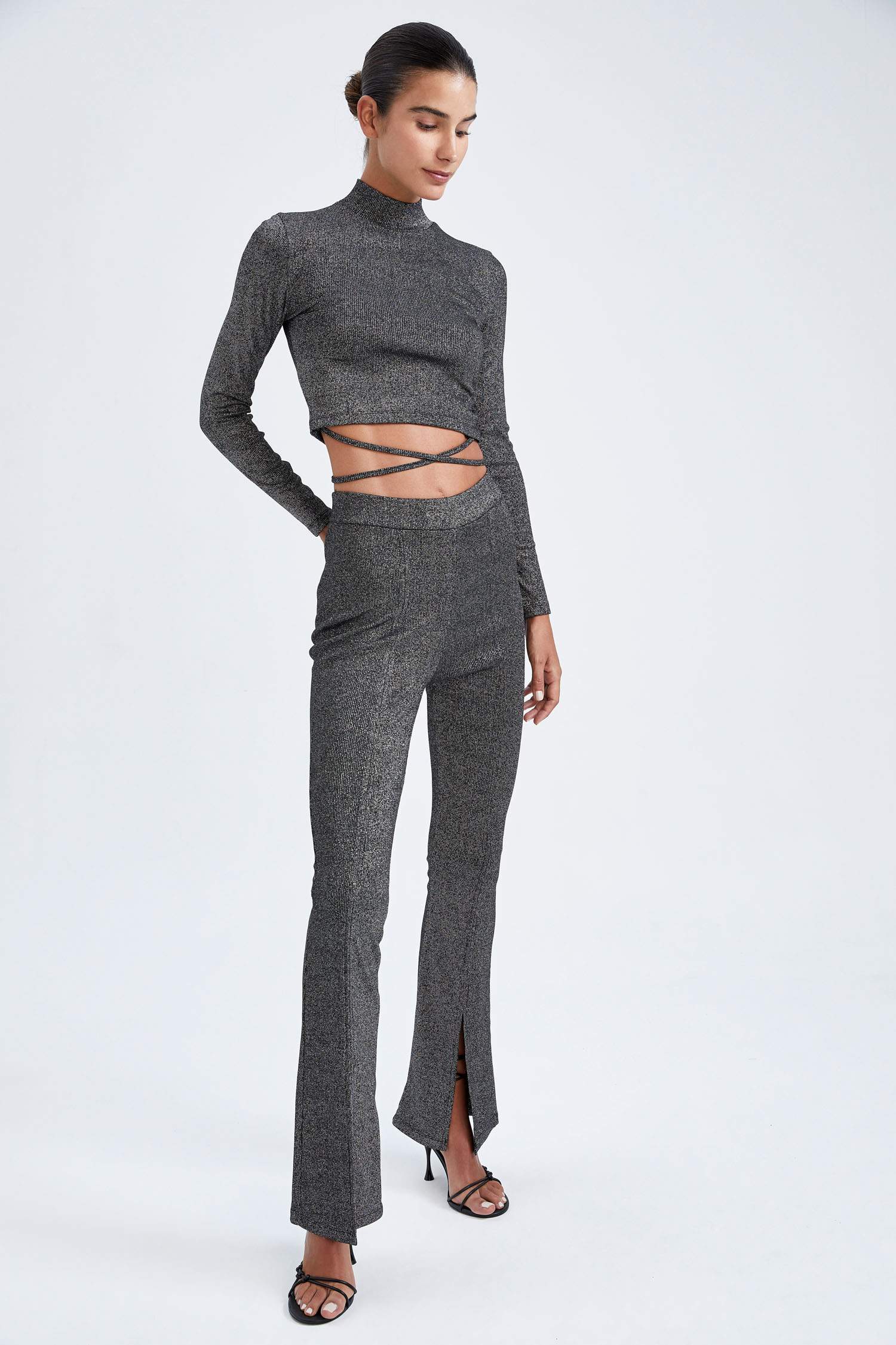 Slim Fit Slit Detailed Glittered Wide Leg Trousers