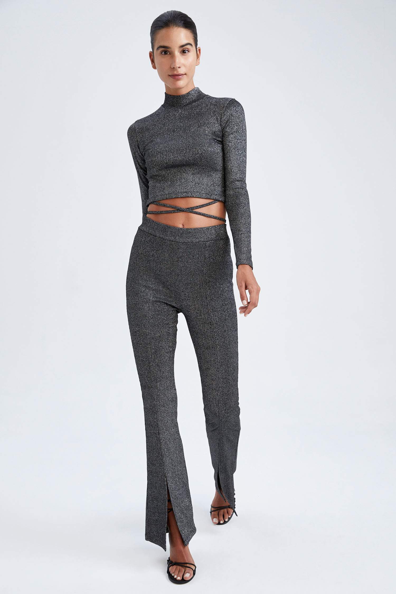 Slim Fit Slit Detailed Glittered Wide Leg Trousers