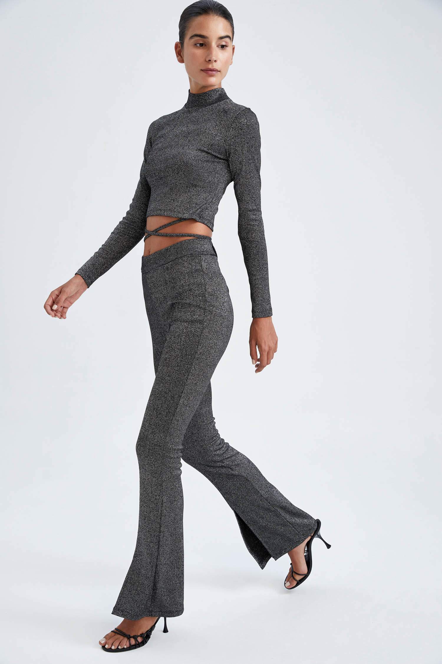 Slim Fit Slit Detailed Glittered Wide Leg Trousers