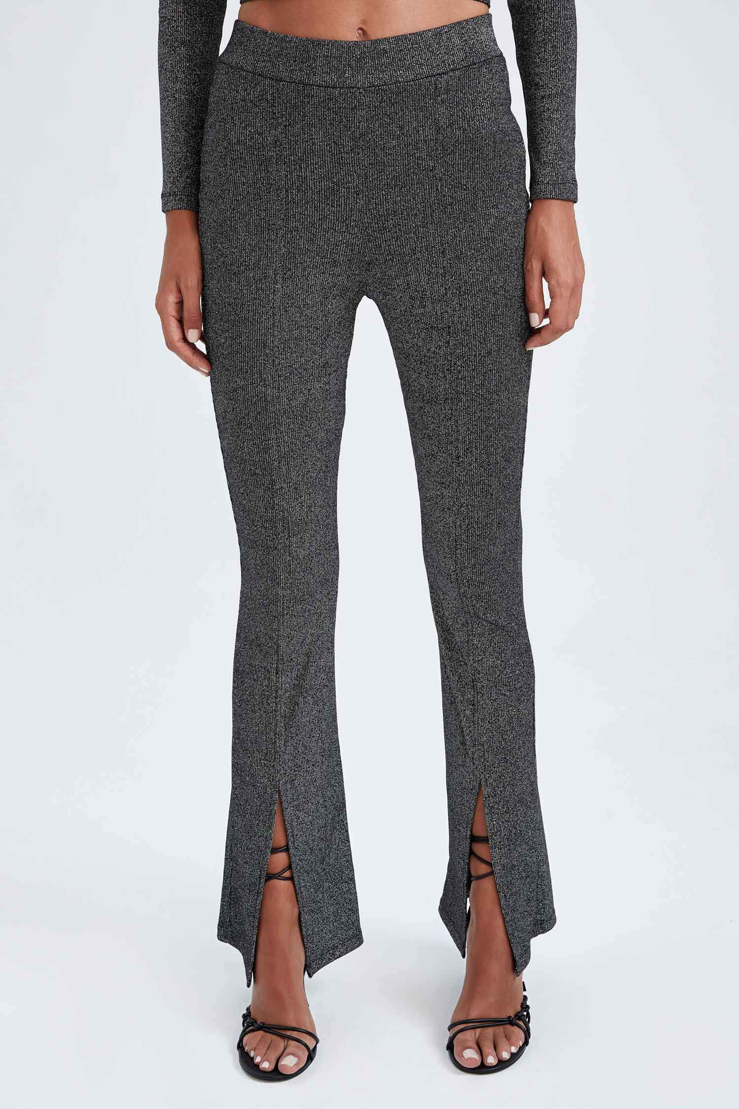 Slim Fit Slit Detailed Glittered Wide Leg Trousers