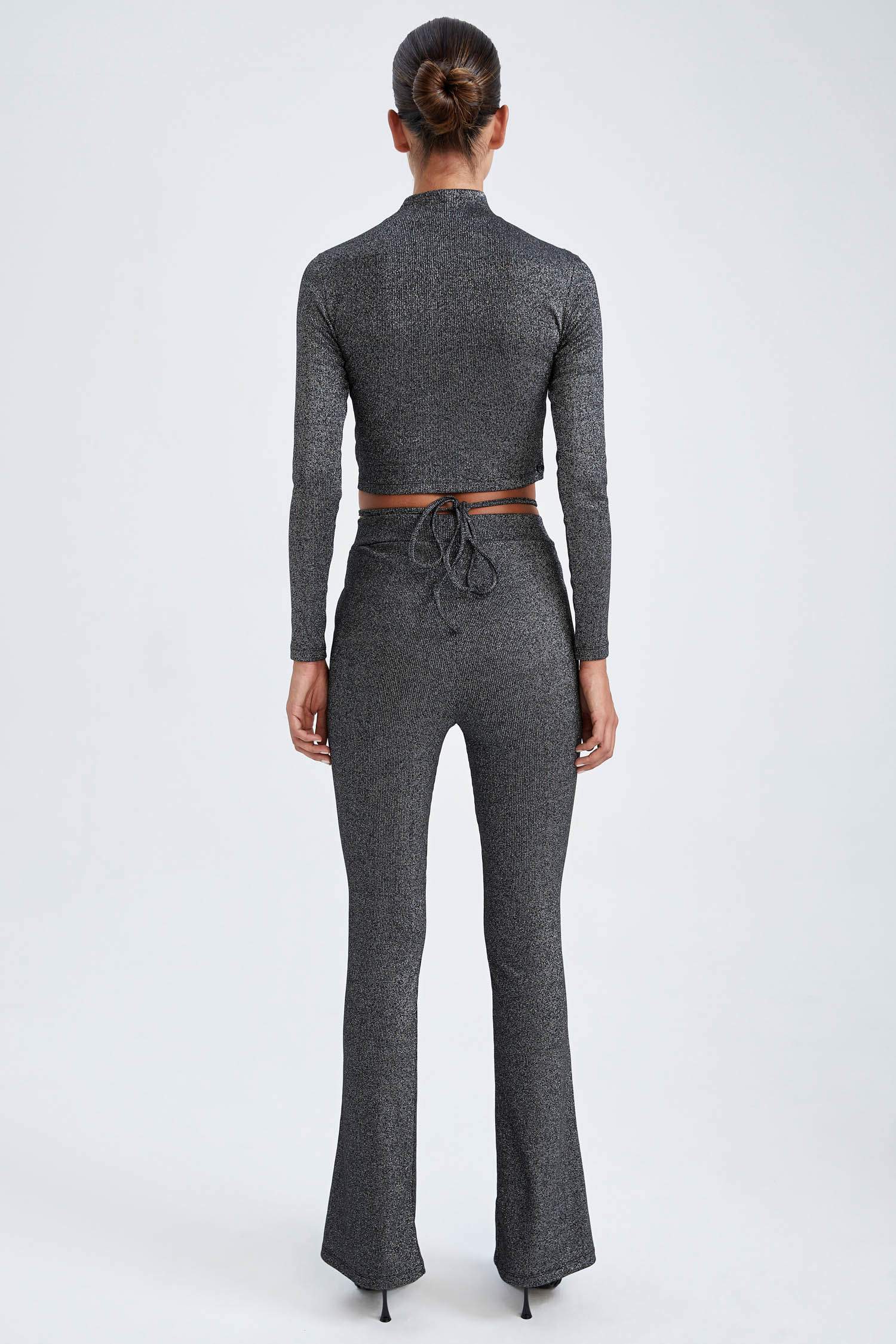 Slim Fit Slit Detailed Glittered Wide Leg Trousers