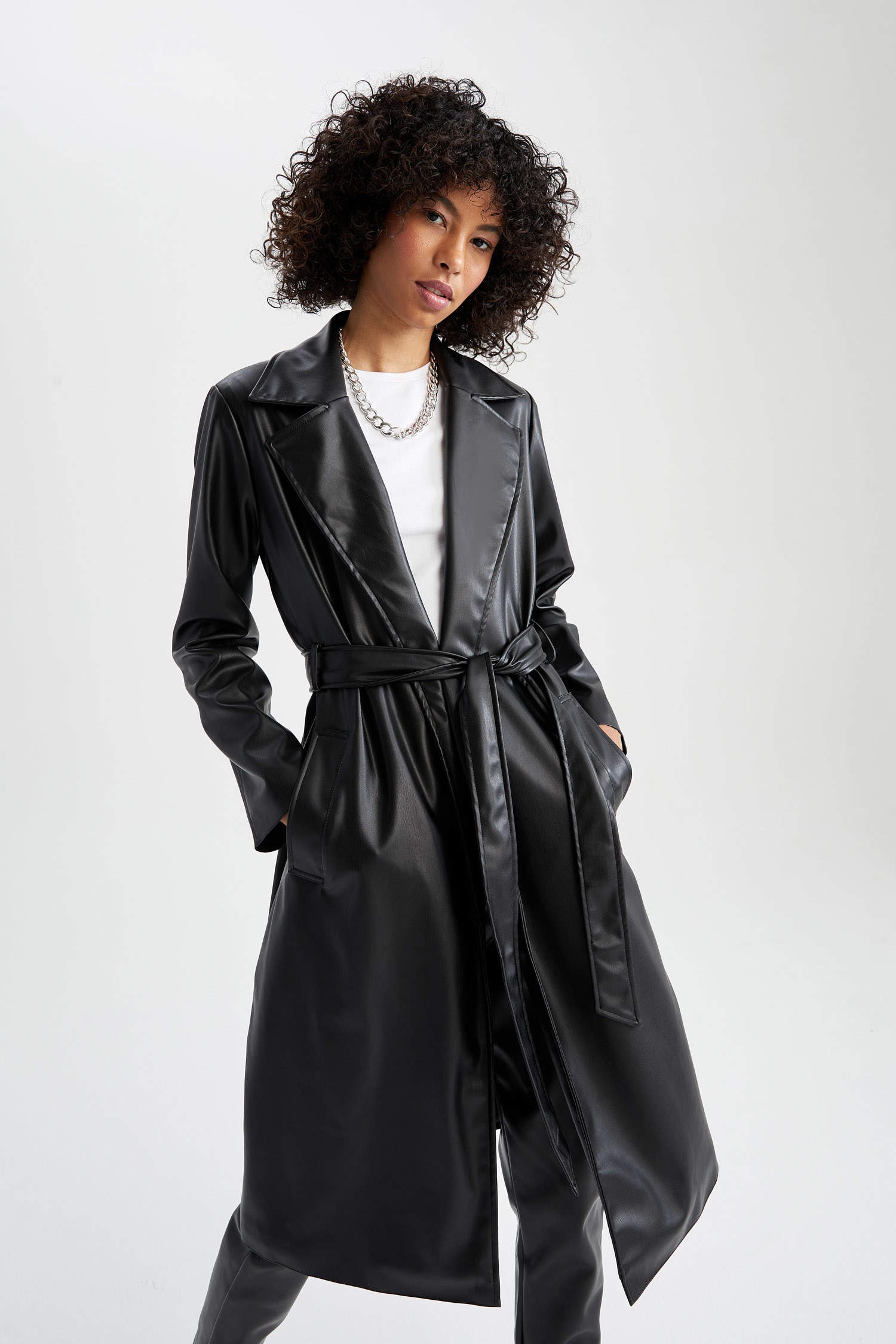 Black WOMEN Relax Fit Faux Leather Trenchcoat 2446172 | DeFacto