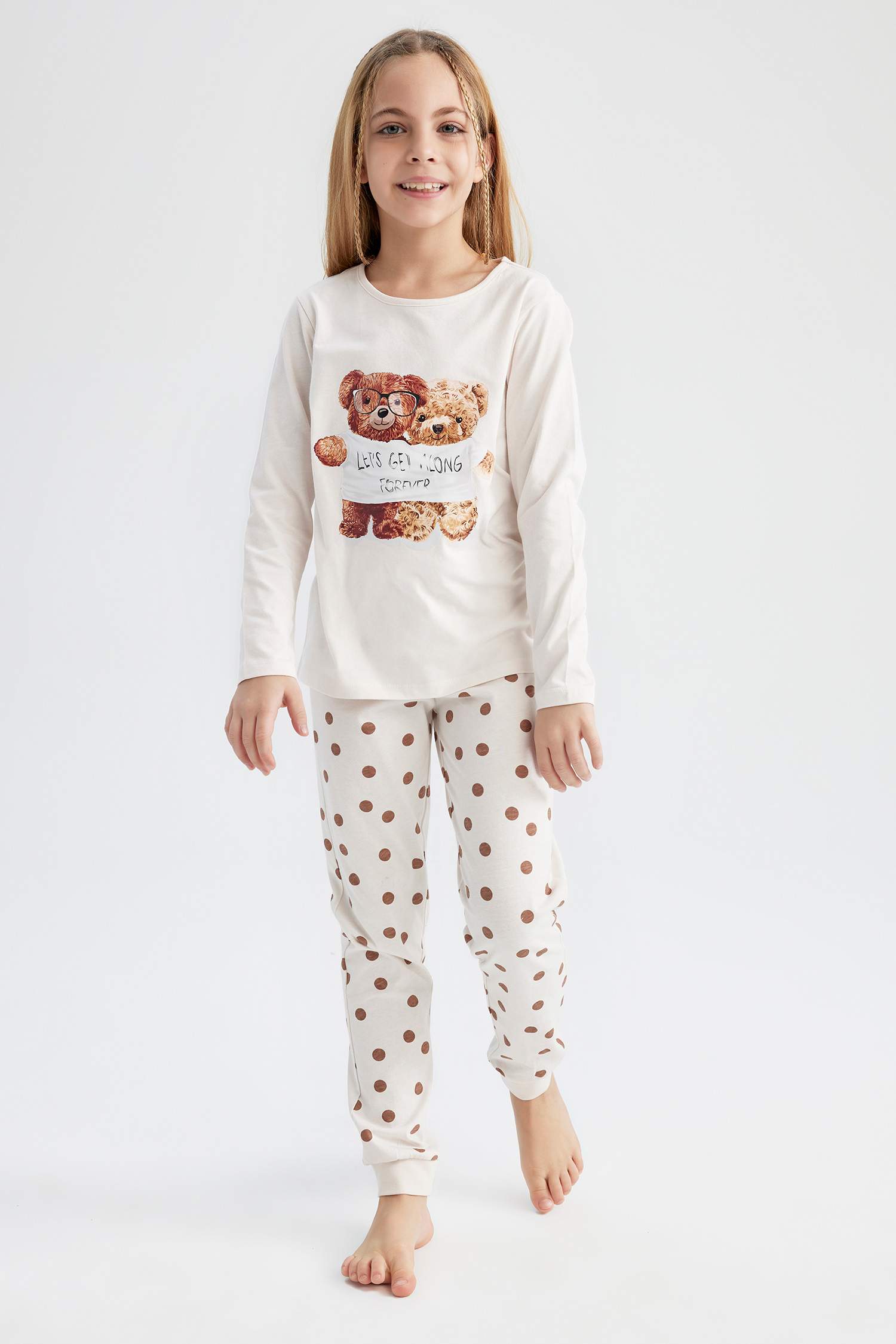 طقم بيجاما بأكمام طويلة بطبعة دبدوب بناتي