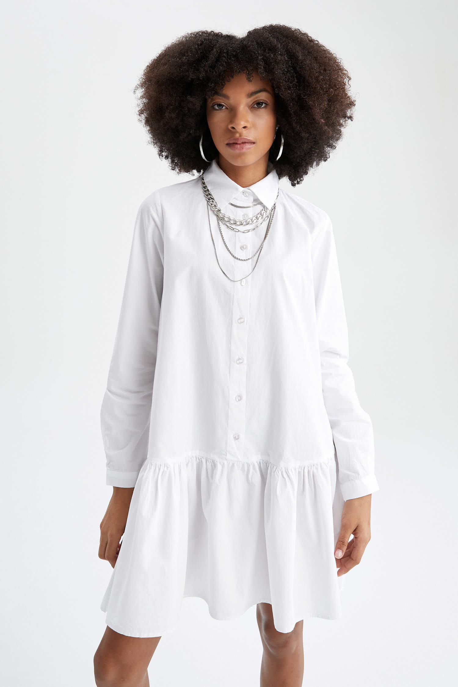 Defacto Volan Detaylı Gömlek Yaka Uzun Kollu Poplin Yazlık Gömlek Mini Elbise. 1