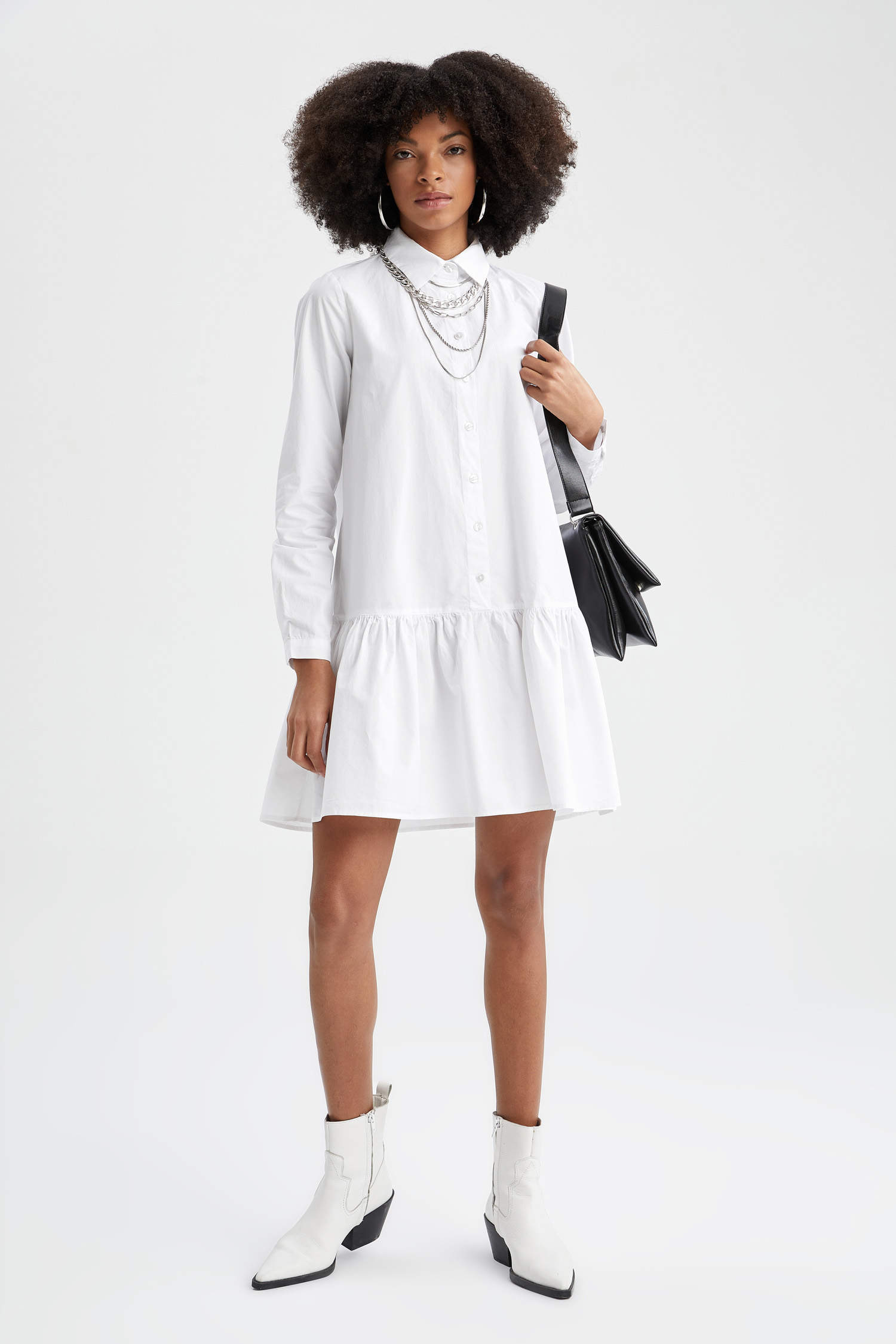 Defacto Volan Detaylı Gömlek Yaka Uzun Kollu Poplin Yazlık Gömlek Mini Elbise. 2