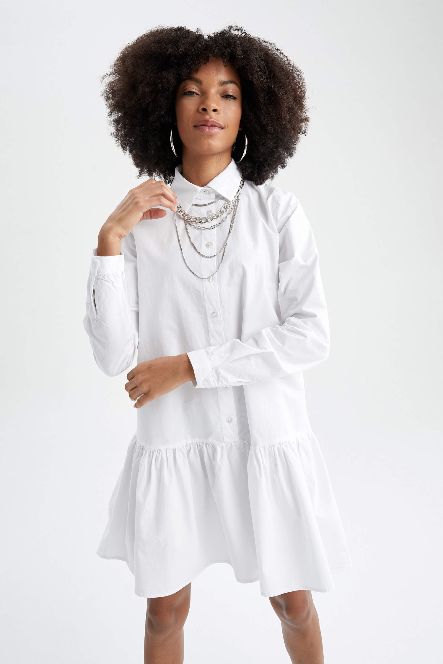 Defacto Volan Detaylı Gömlek Yaka Uzun Kollu Poplin Yazlık Gömlek Mini Elbise. 3