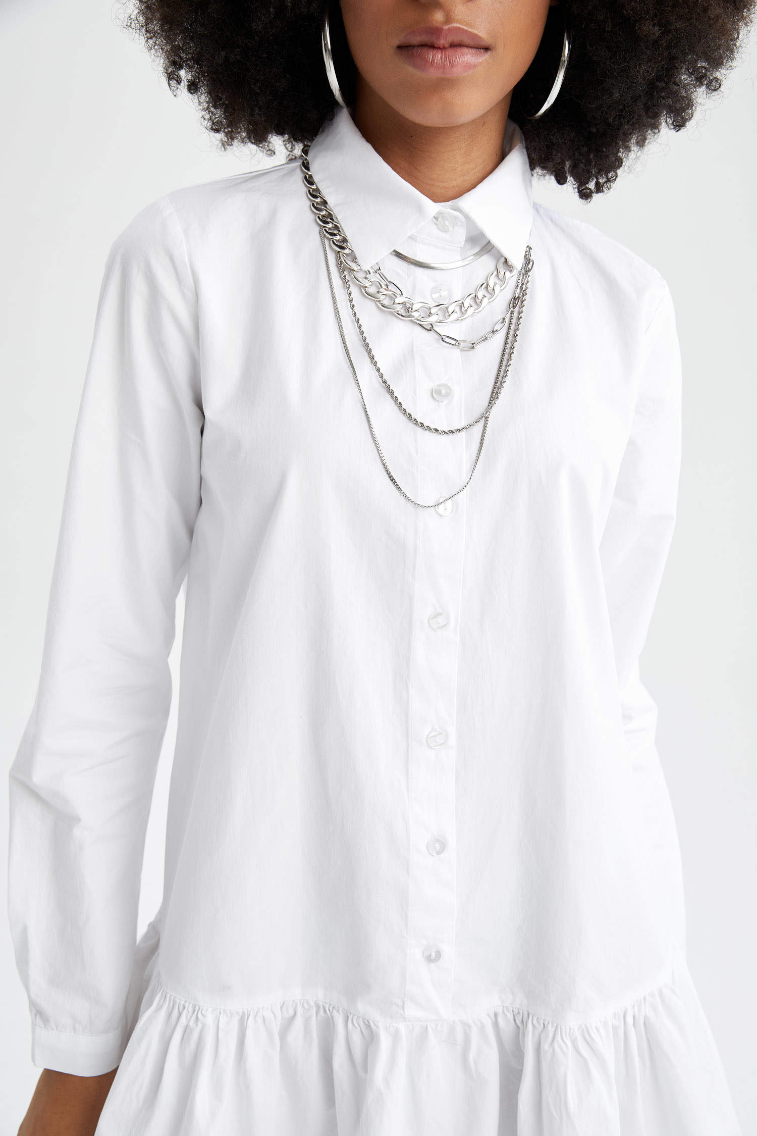 Defacto Volan Detaylı Gömlek Yaka Uzun Kollu Poplin Yazlık Gömlek Mini Elbise. 4