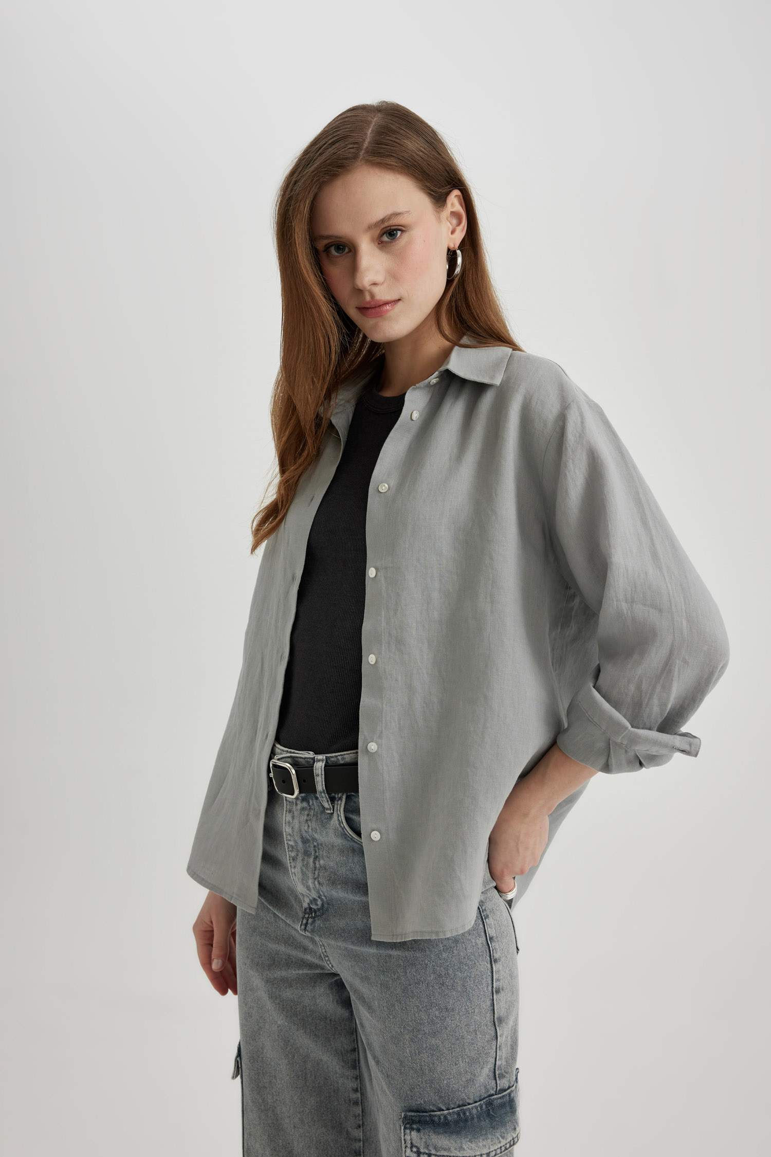 Oversize Fit Shirt Collar linen Long Sleeve Shirt