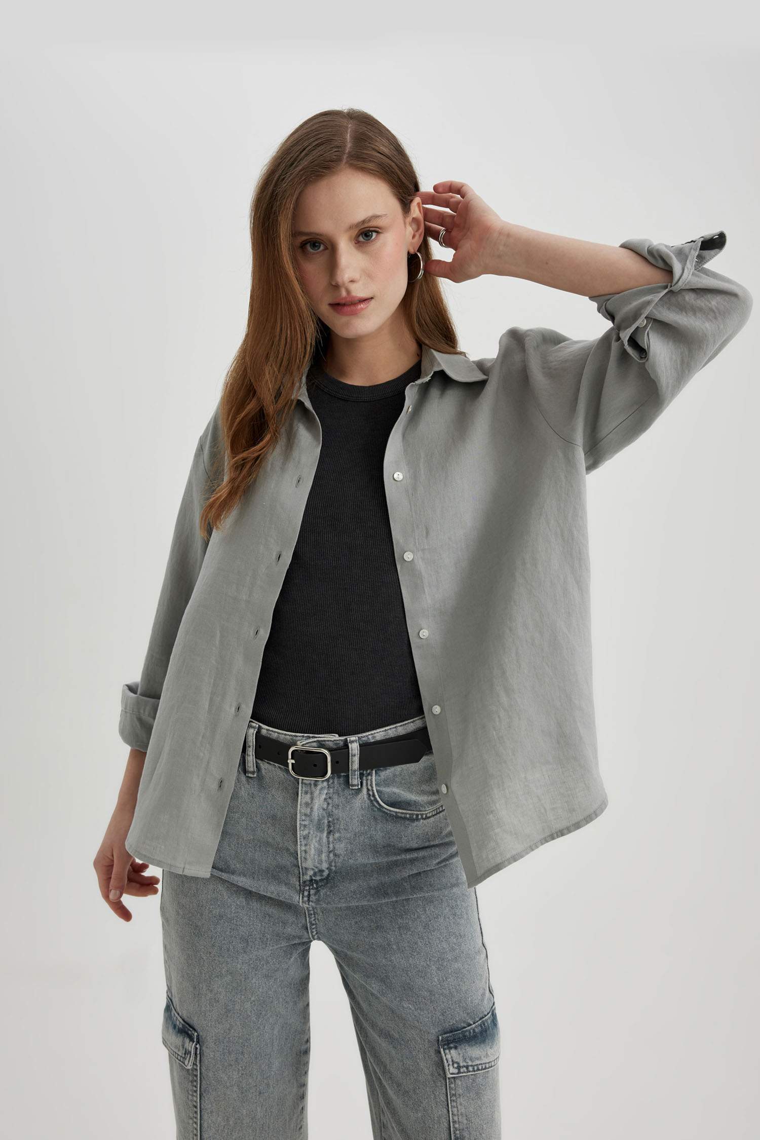 Oversize Fit Shirt Collar linen Long Sleeve Shirt