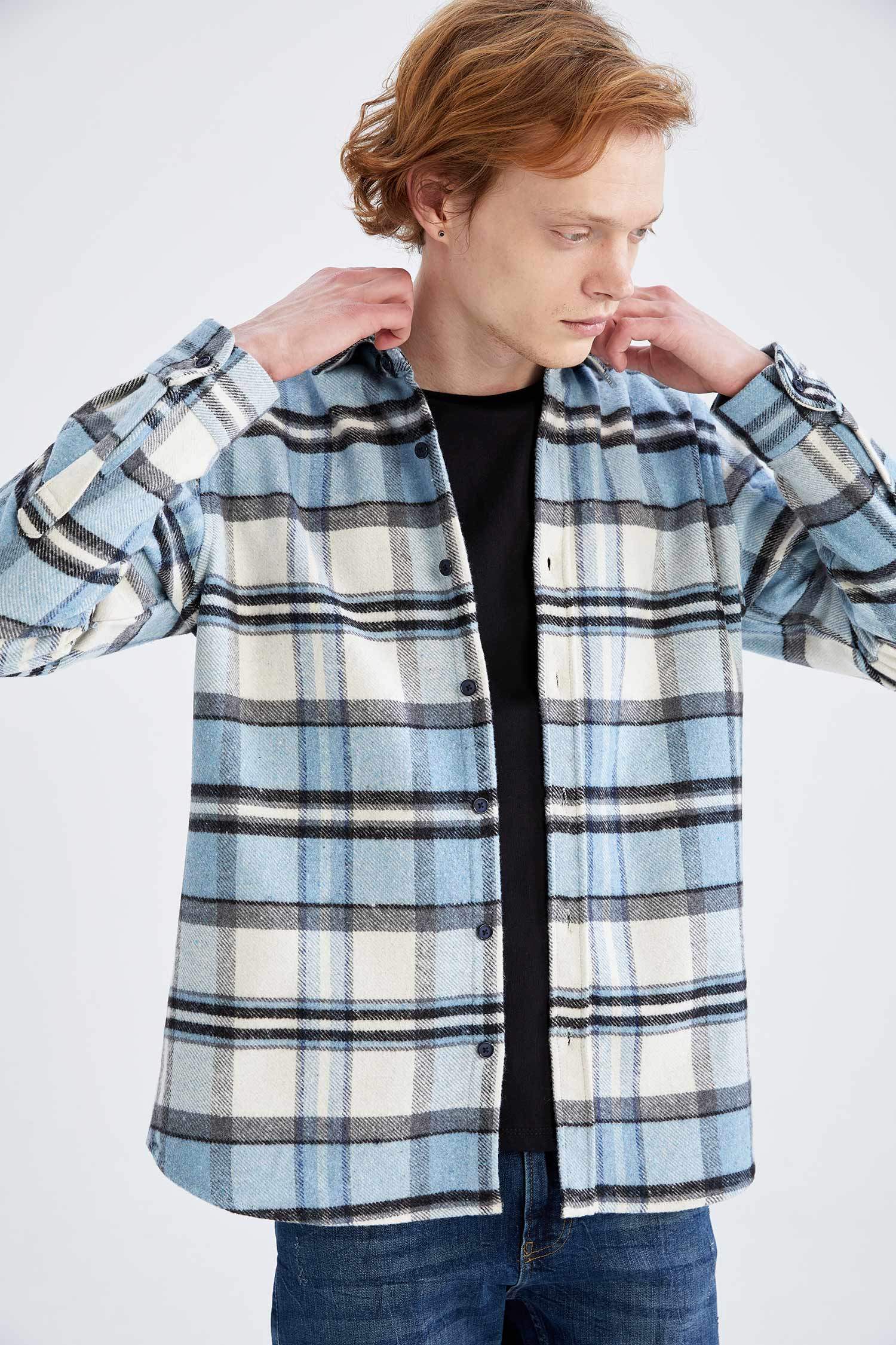 Blue Man Regular Fit Long Sleeve Check Print Shacket 2431922 | DeFacto