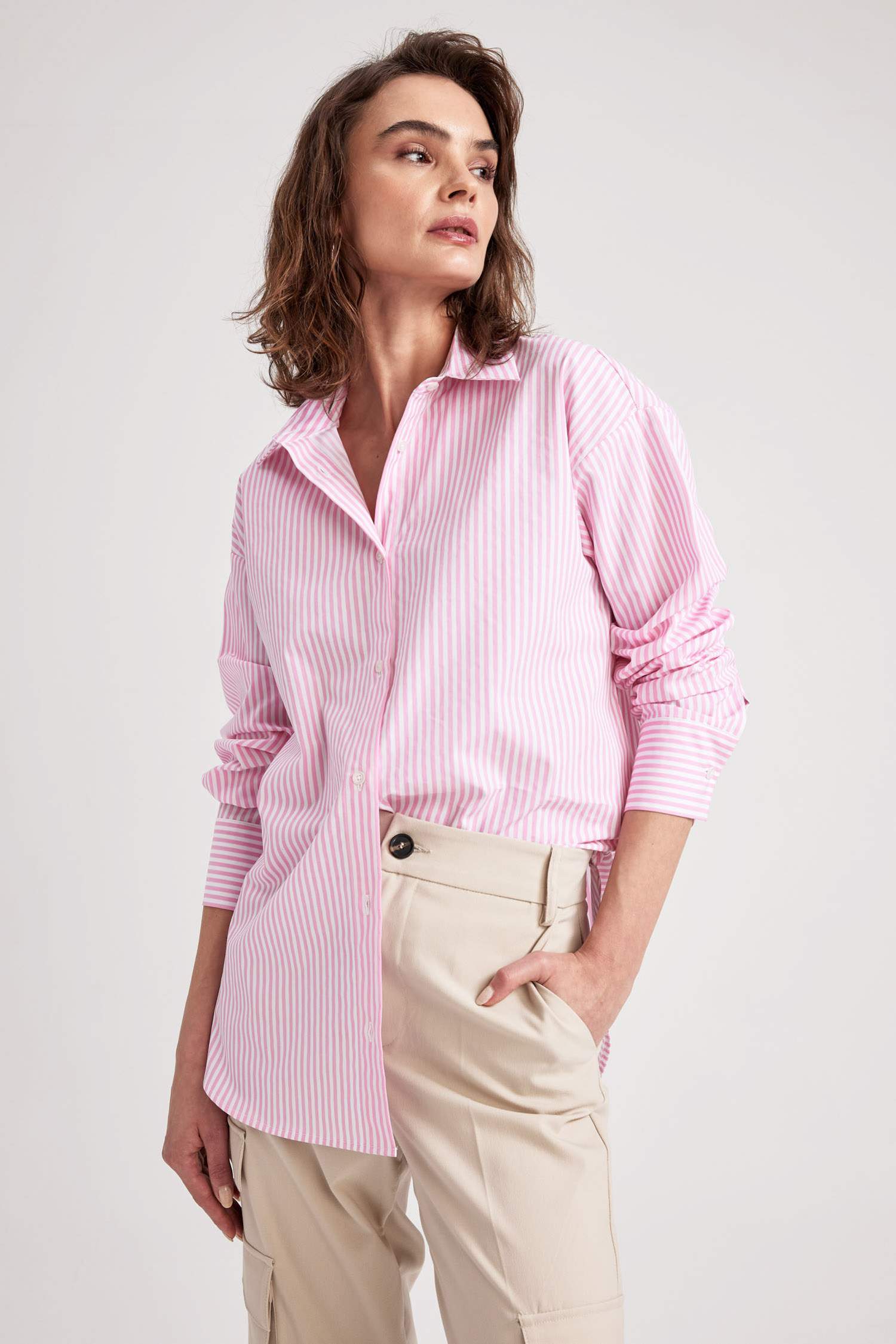 Oversize Fit Striped Long Sleeve Poplin Shirt