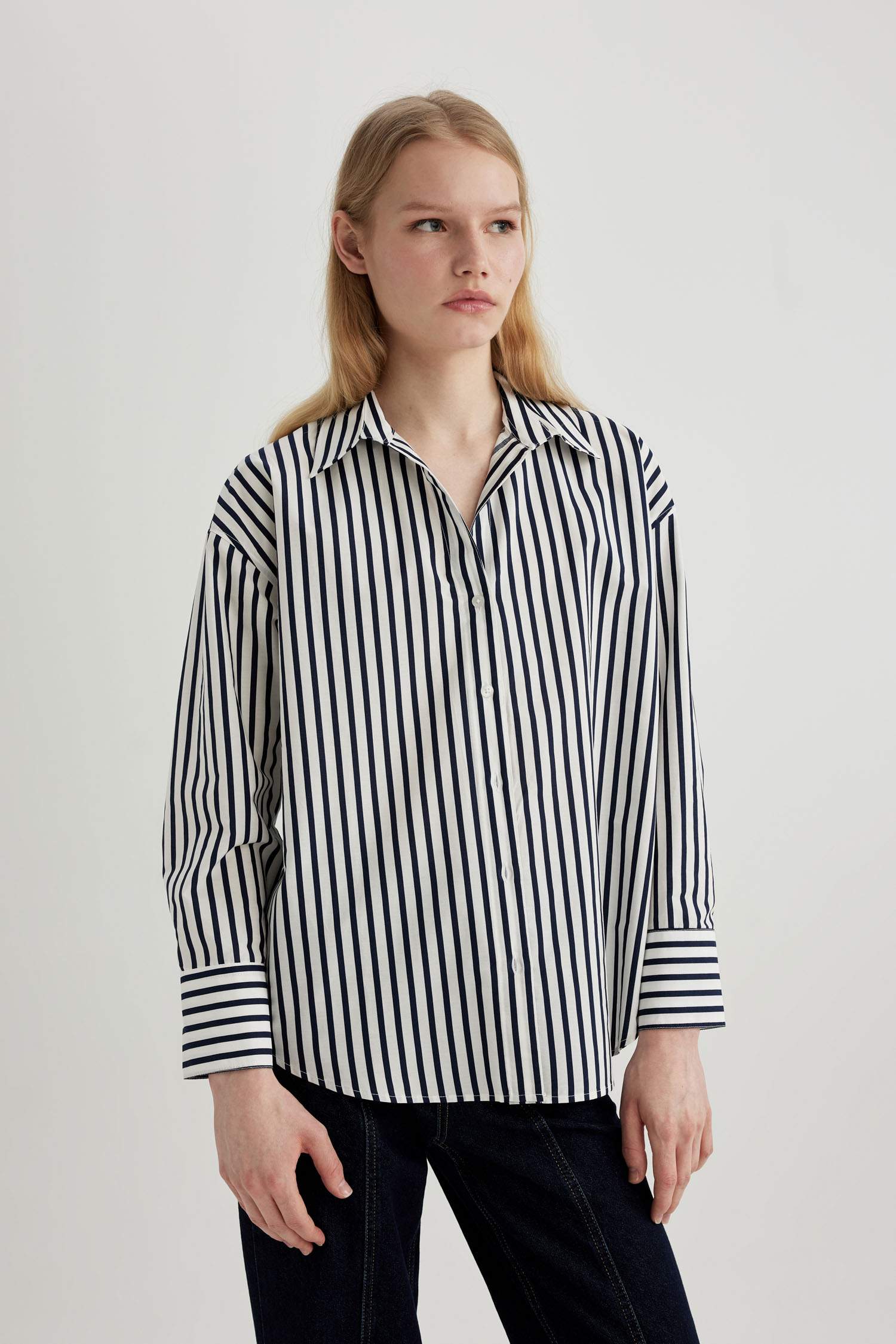 Oversize Geniş Kalıp Poplin Uzun Kollu Çizgili Gömlek