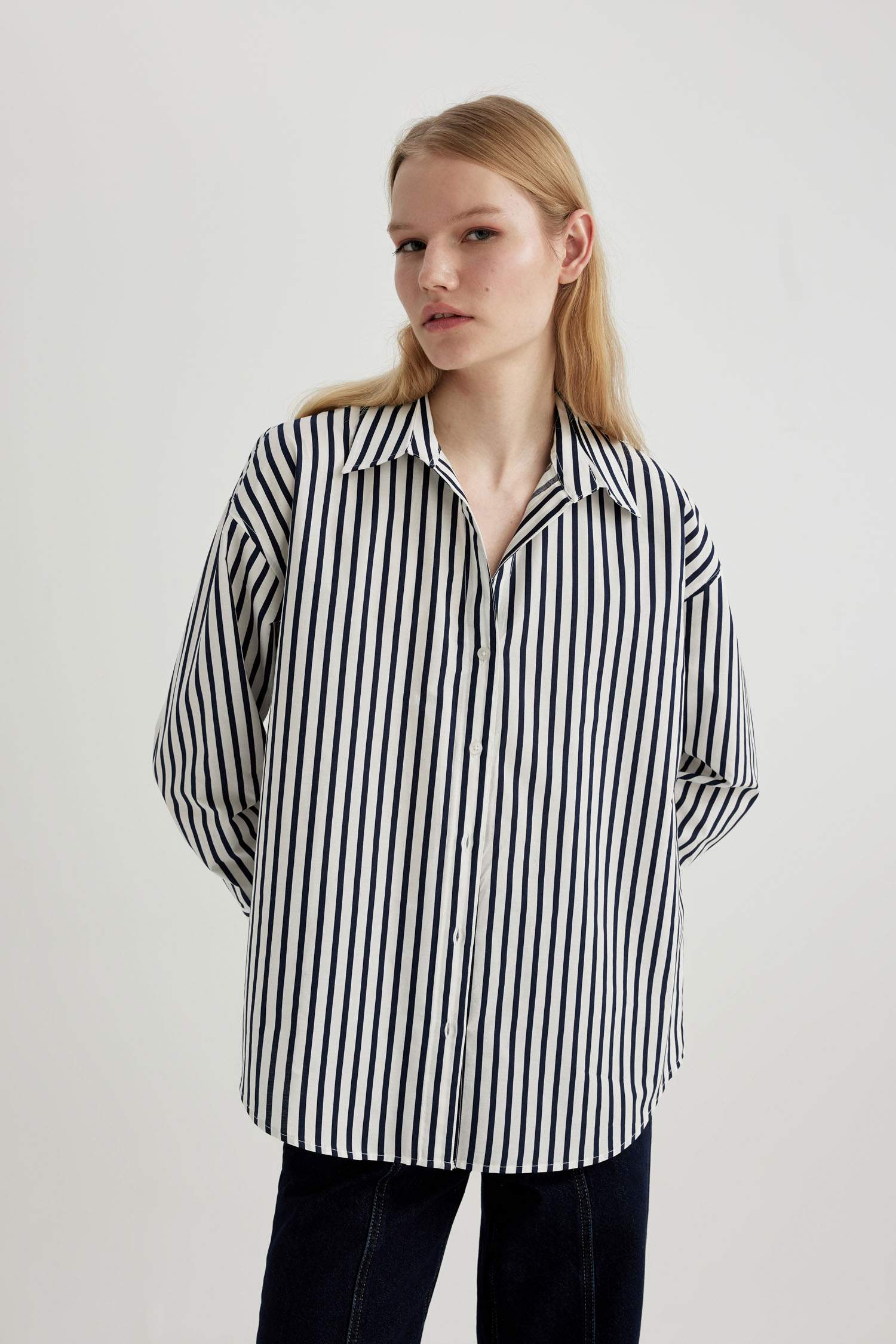 Oversize Geniş Kalıp Poplin Uzun Kollu Çizgili Gömlek