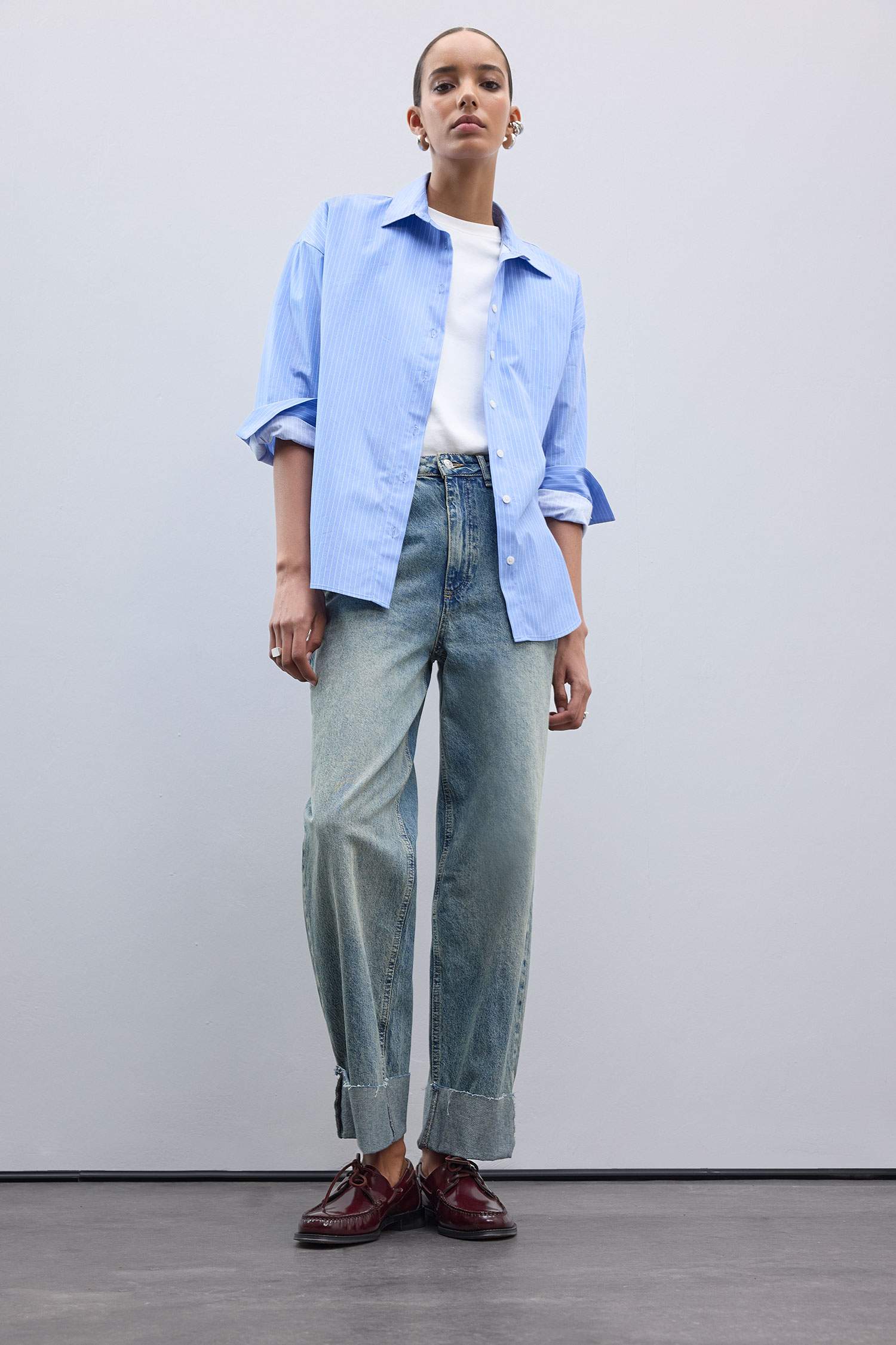 Oversize Geniş Kalıp Çizgili Poplin Uzun Kollu Gömlek