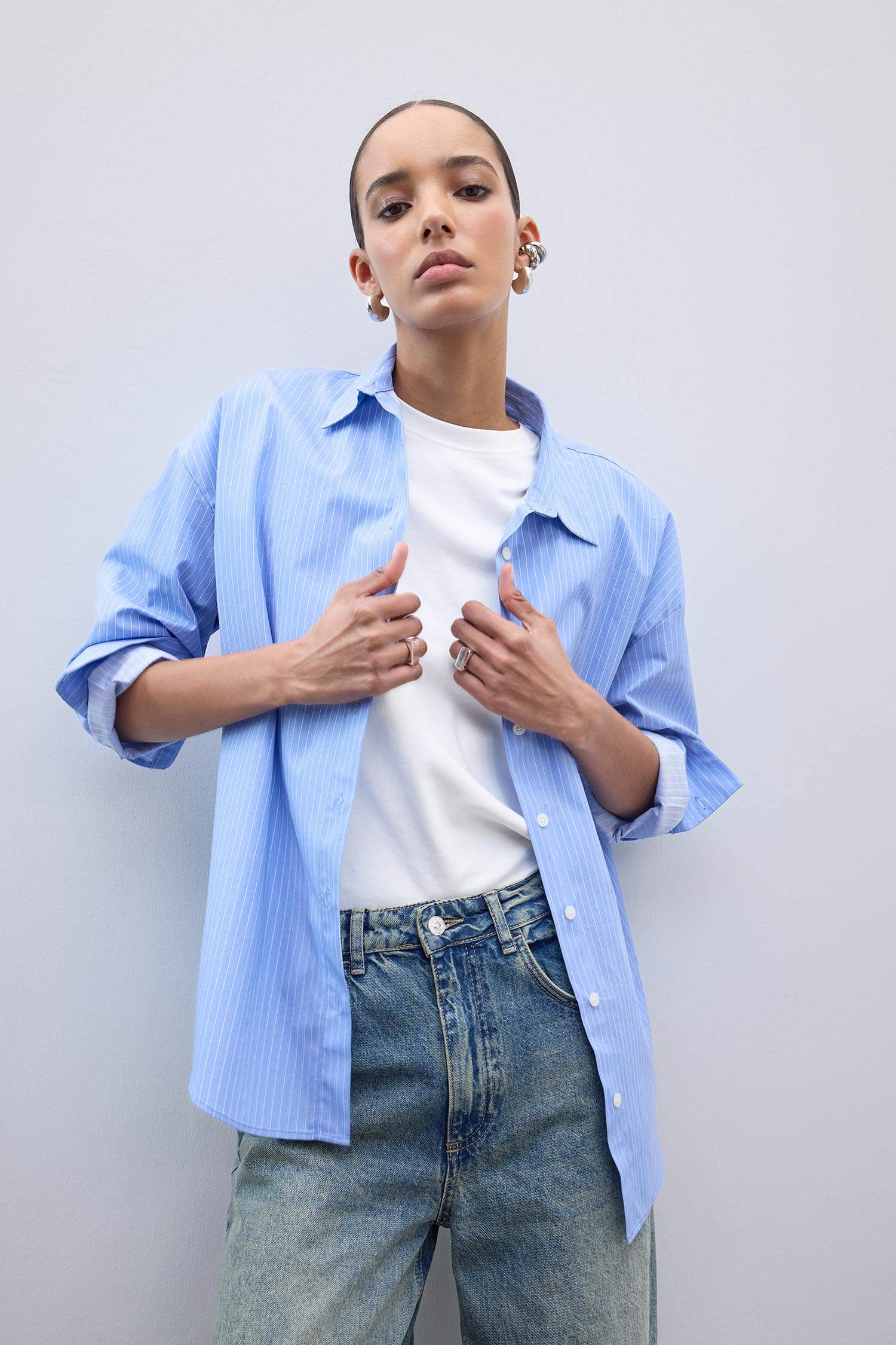 Oversize Geniş Kalıp Çizgili Poplin Uzun Kollu Gömlek