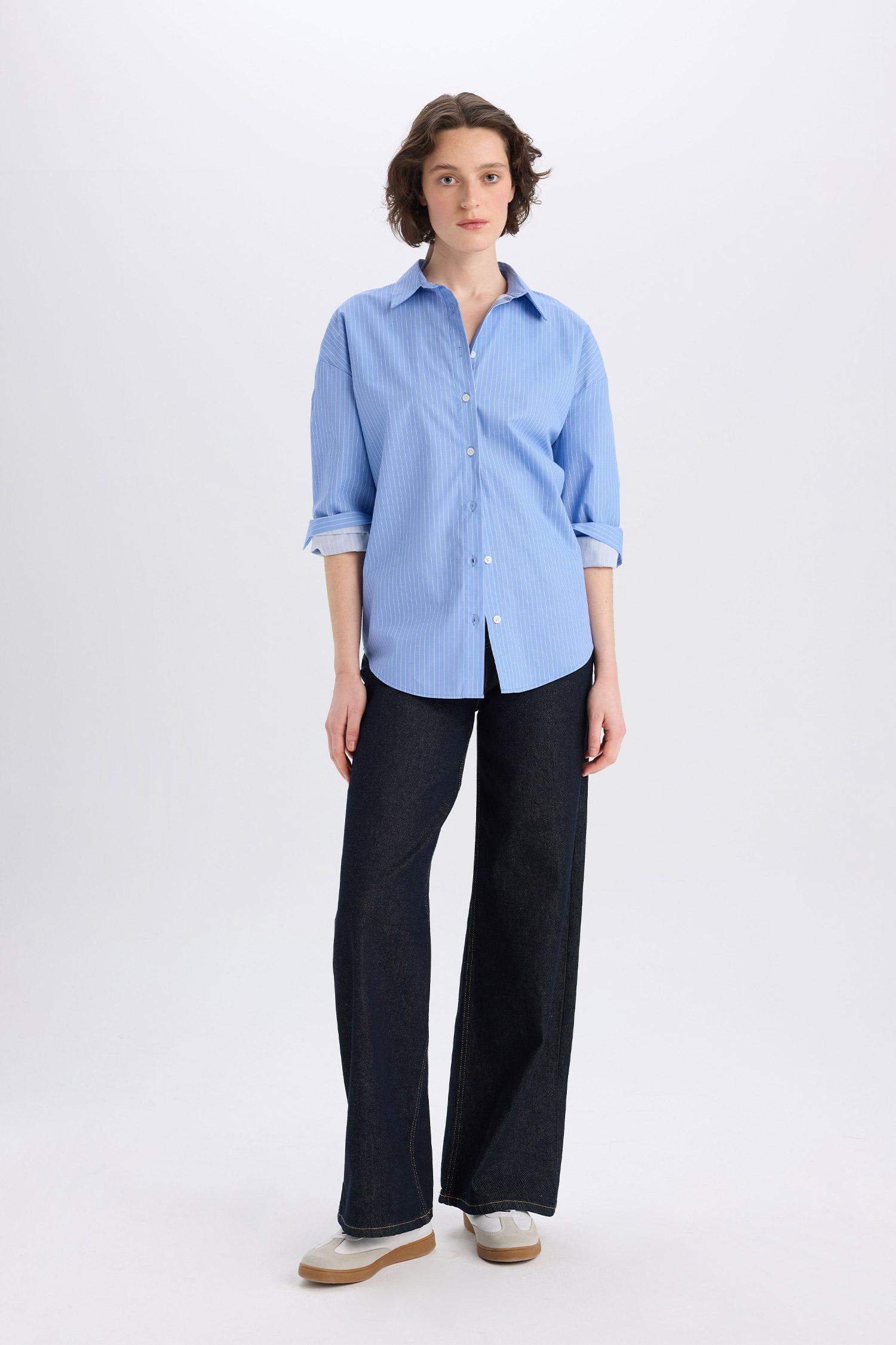 Oversize Geniş Kalıp Çizgili Poplin Uzun Kollu Gömlek