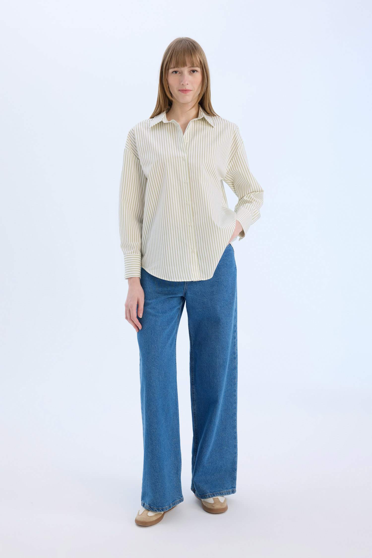 Oversize Geniş Kalıp Çizgili Poplin Uzun Kollu Gömlek