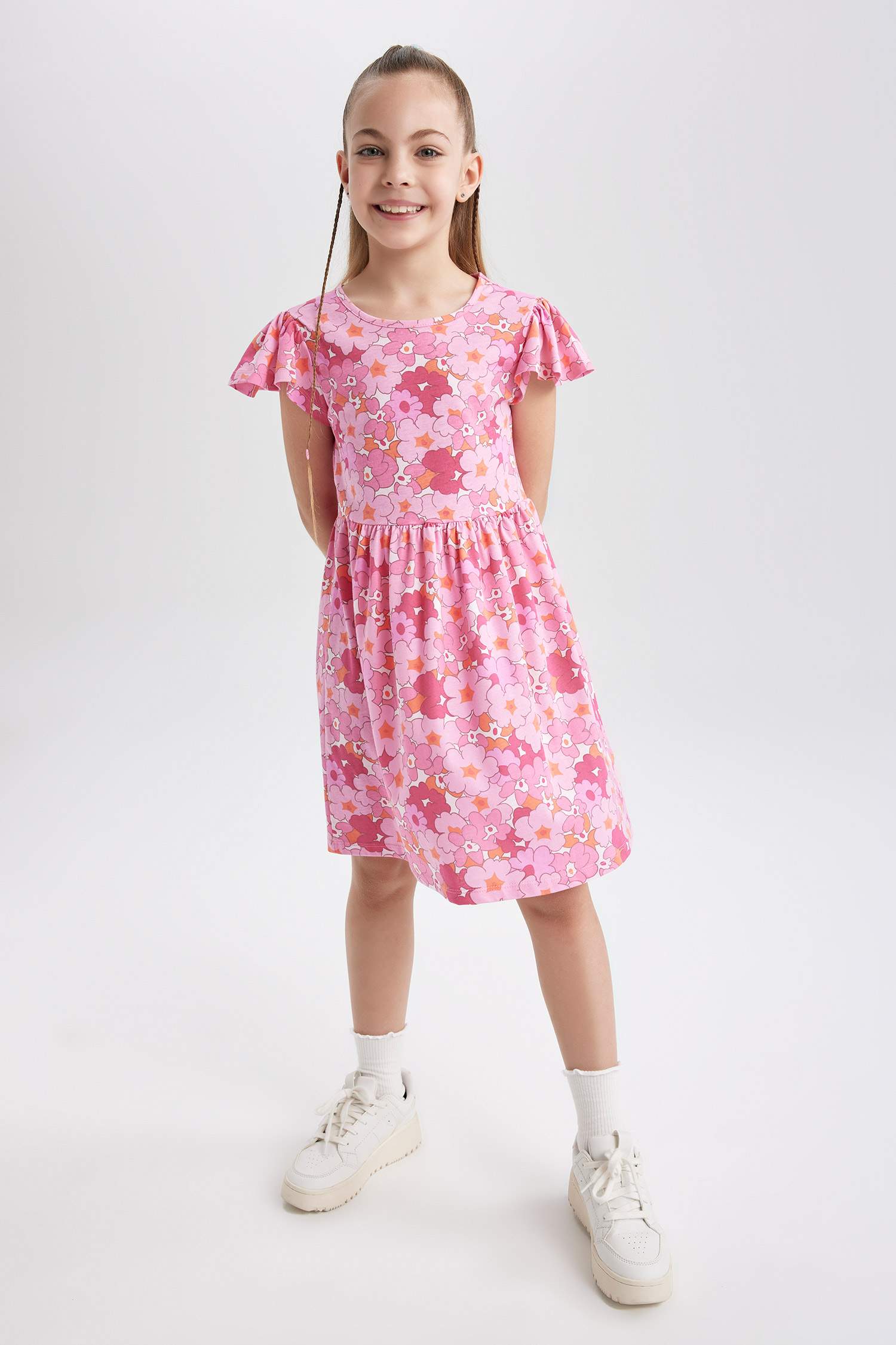 Girl Patterned Short Sleeve Combed Cotton Dress
