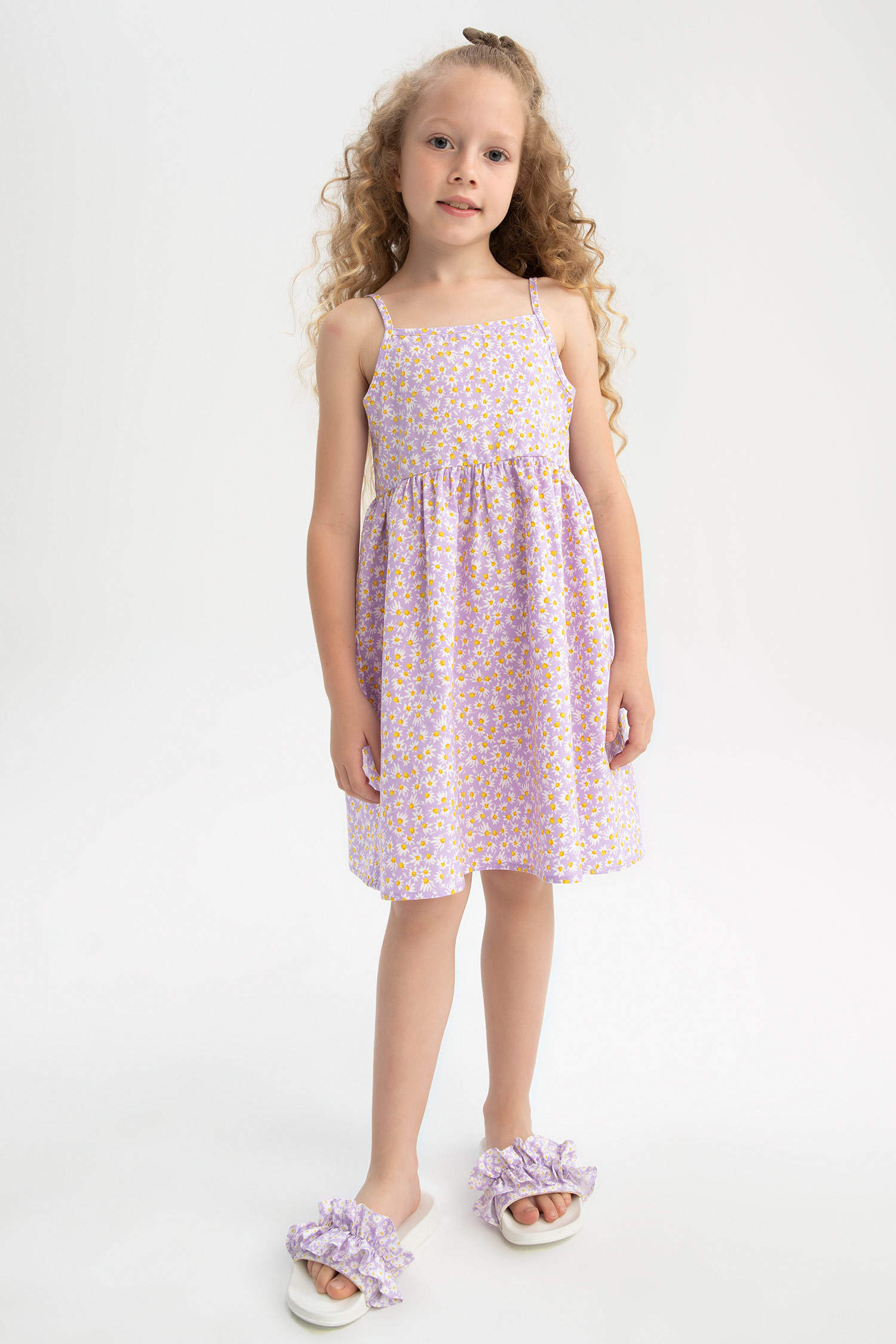 Kız Çocuk Regular Fit Çiçek Desenli Askılı Yazlık Poplin Elbise