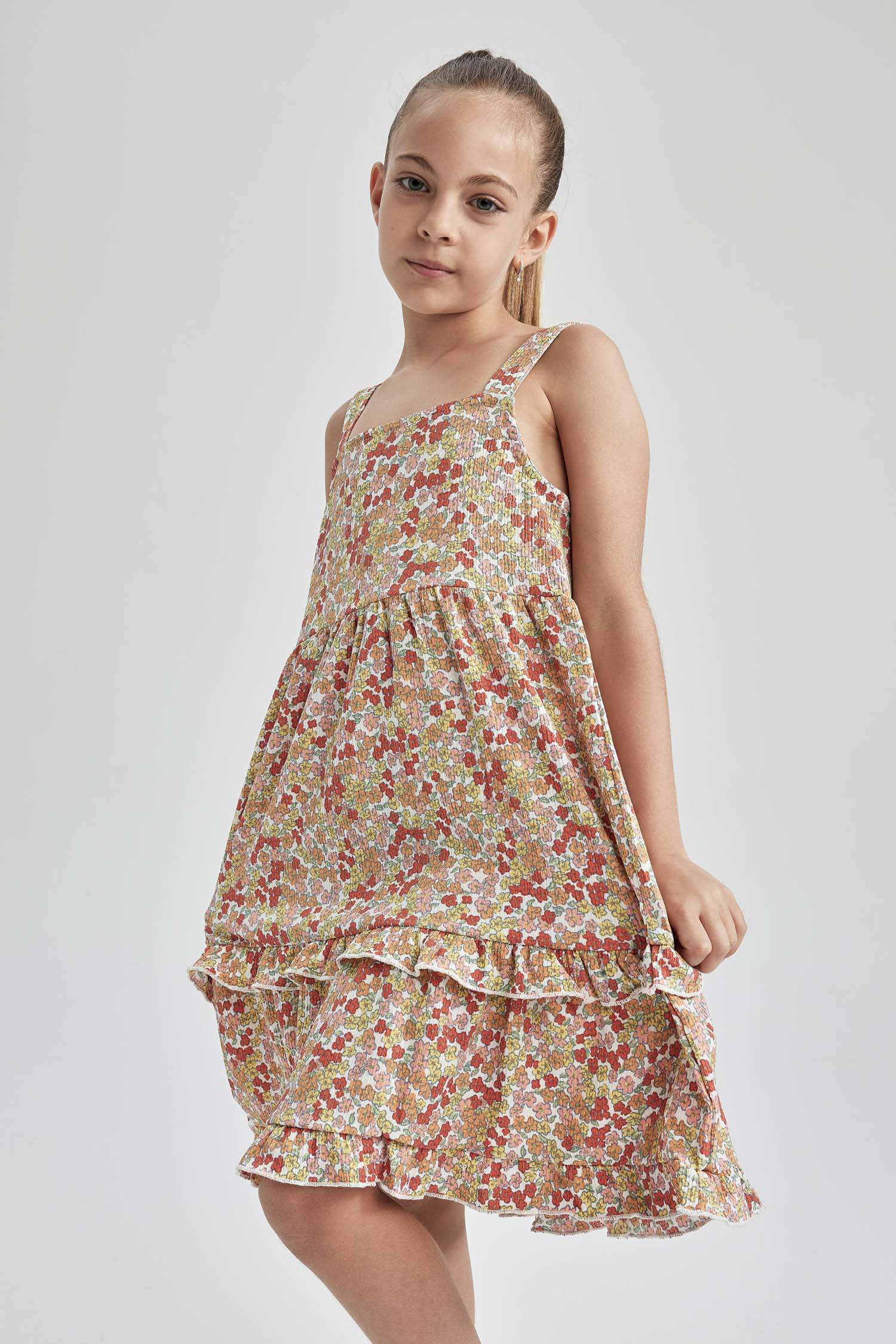 Orange GIRLS & TEENS Girl Regular Fit Strappy Floral Print Dress ...