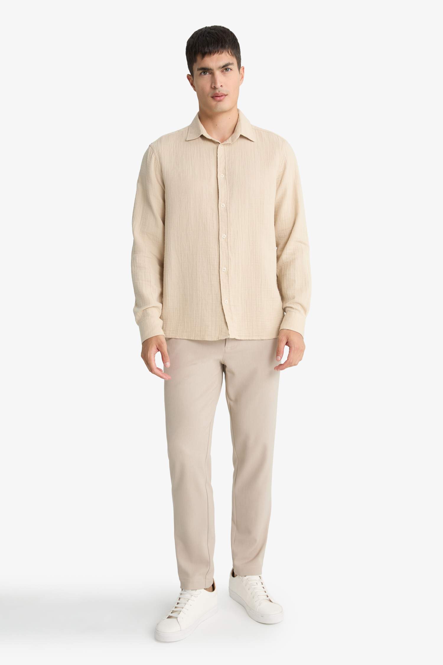 Regular Fit Polo Neck Muslin Long Sleeve Shirt