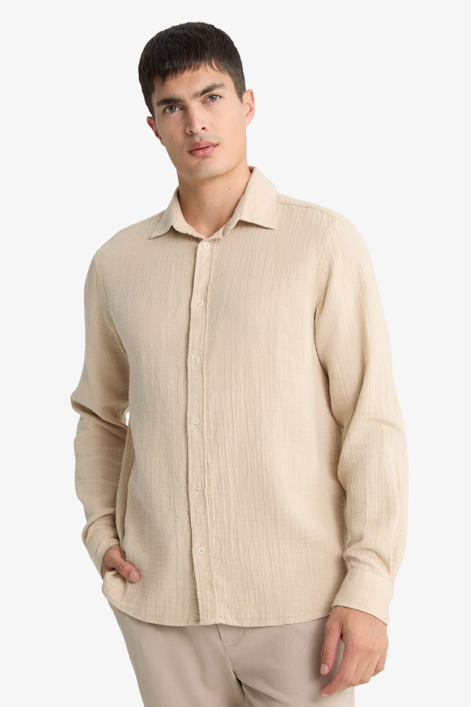 Regular Fit Polo Neck Muslin Long Sleeve Shirt