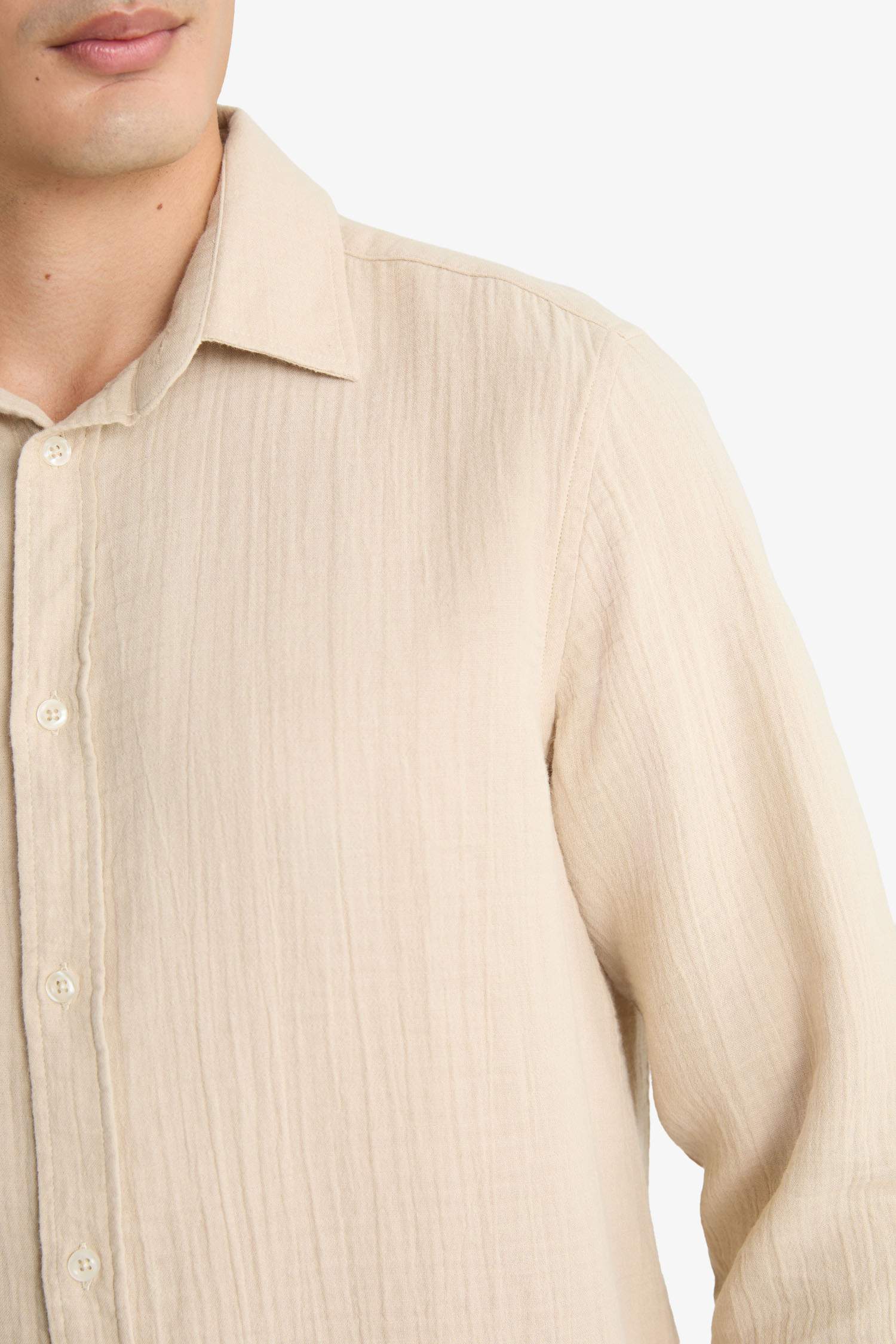 Regular Fit Polo Neck Muslin Long Sleeve Shirt