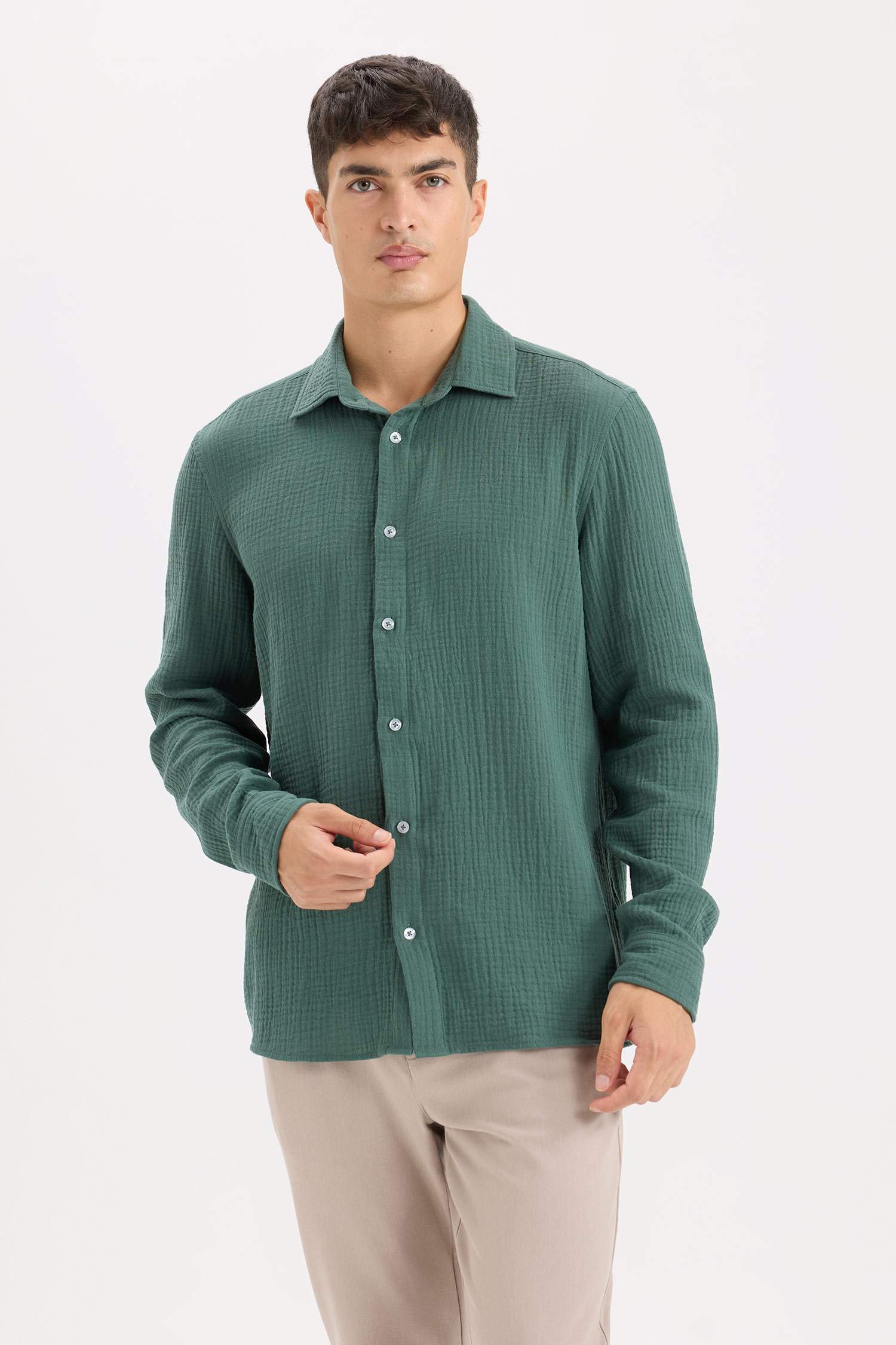 %100 Pamuk Regular Fit Polo Yaka Müslin Uzun Kollu Gömlek