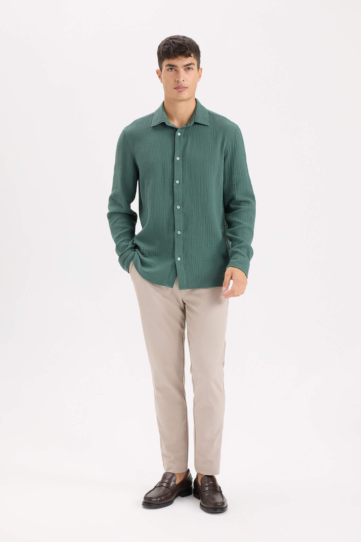 %100 Pamuk Regular Fit Polo Yaka Müslin Uzun Kollu Gömlek