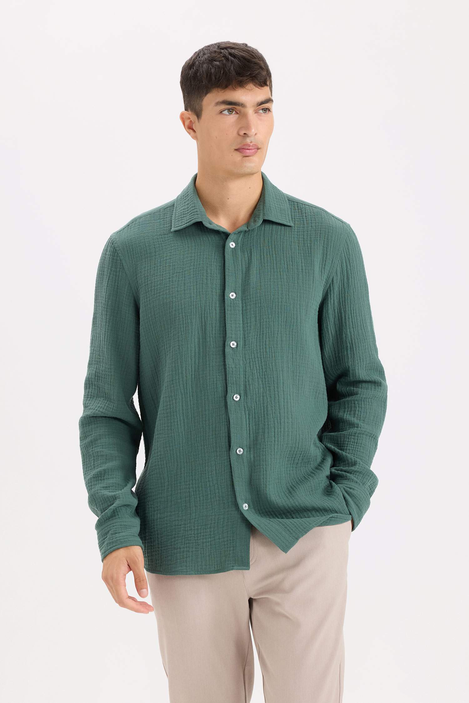 %100 Pamuk Regular Fit Polo Yaka Müslin Uzun Kollu Gömlek