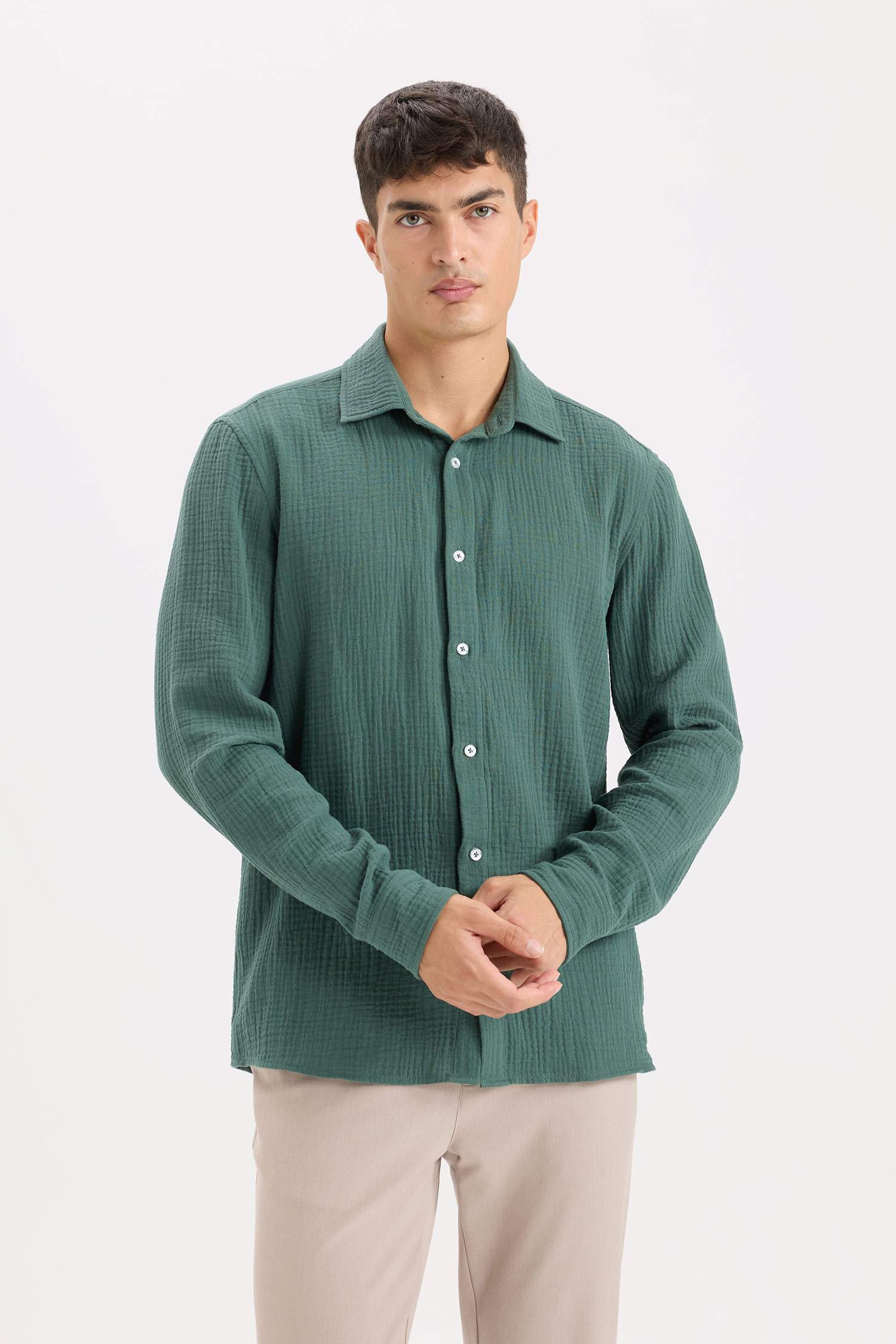 %100 Pamuk Regular Fit Polo Yaka Müslin Uzun Kollu Gömlek