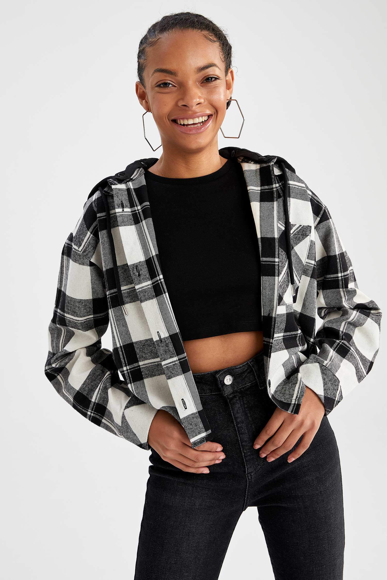 Black WOMEN Long Sleeve Check Print Flannel Shirt 2409342