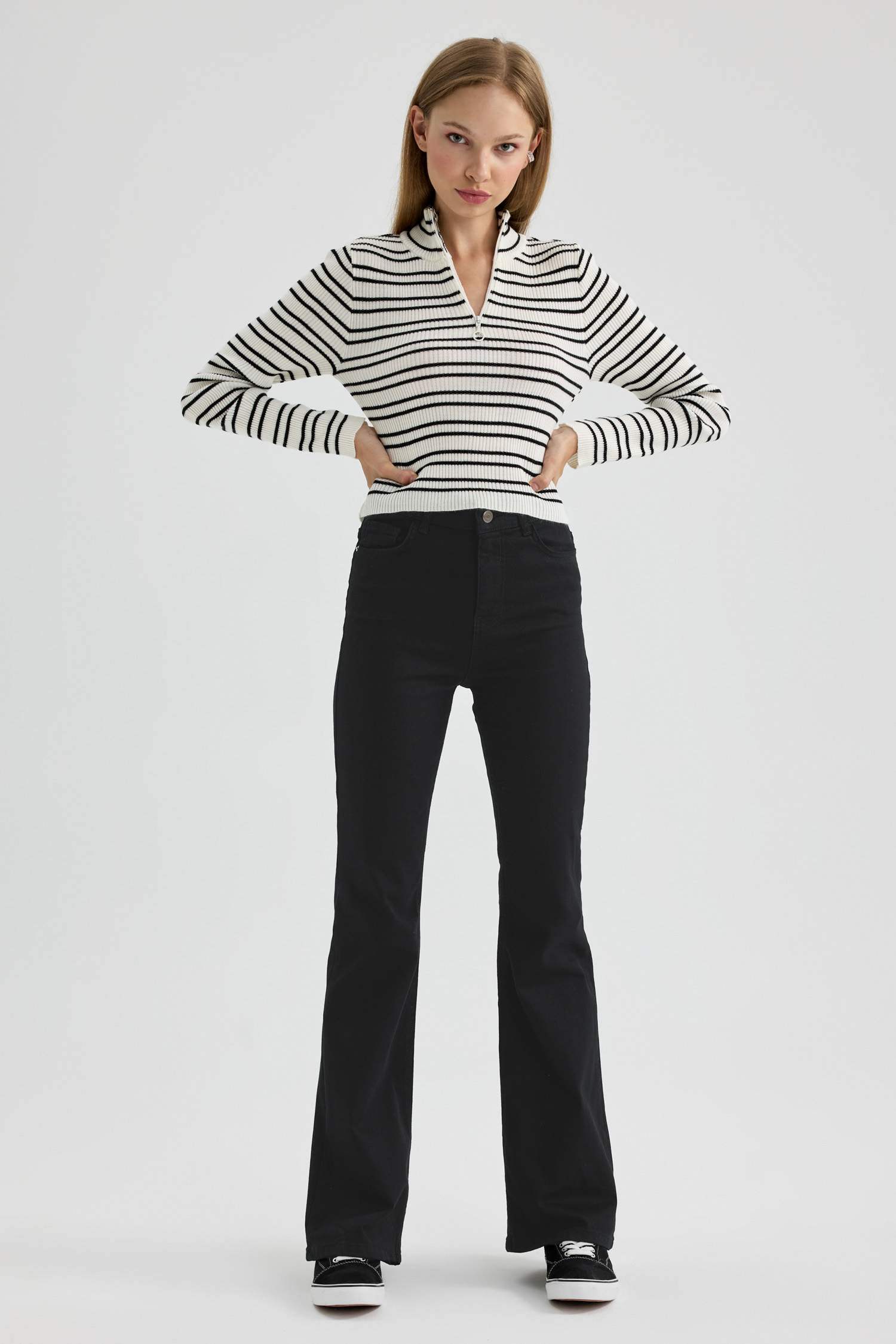 Normal Waist Long Length Gabardine Trousers with Flared Leg Pockets