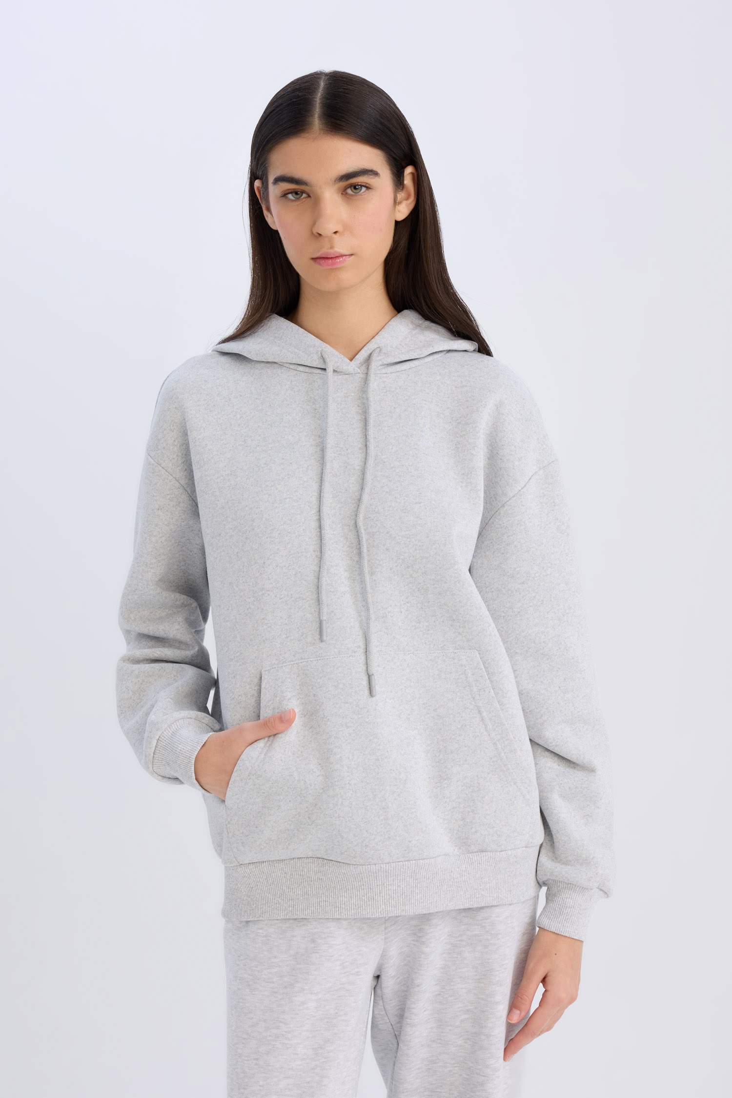 Relax Fit Kapüşonlu Kanguru Cepli Kalın Basic Düz Sweatshirt