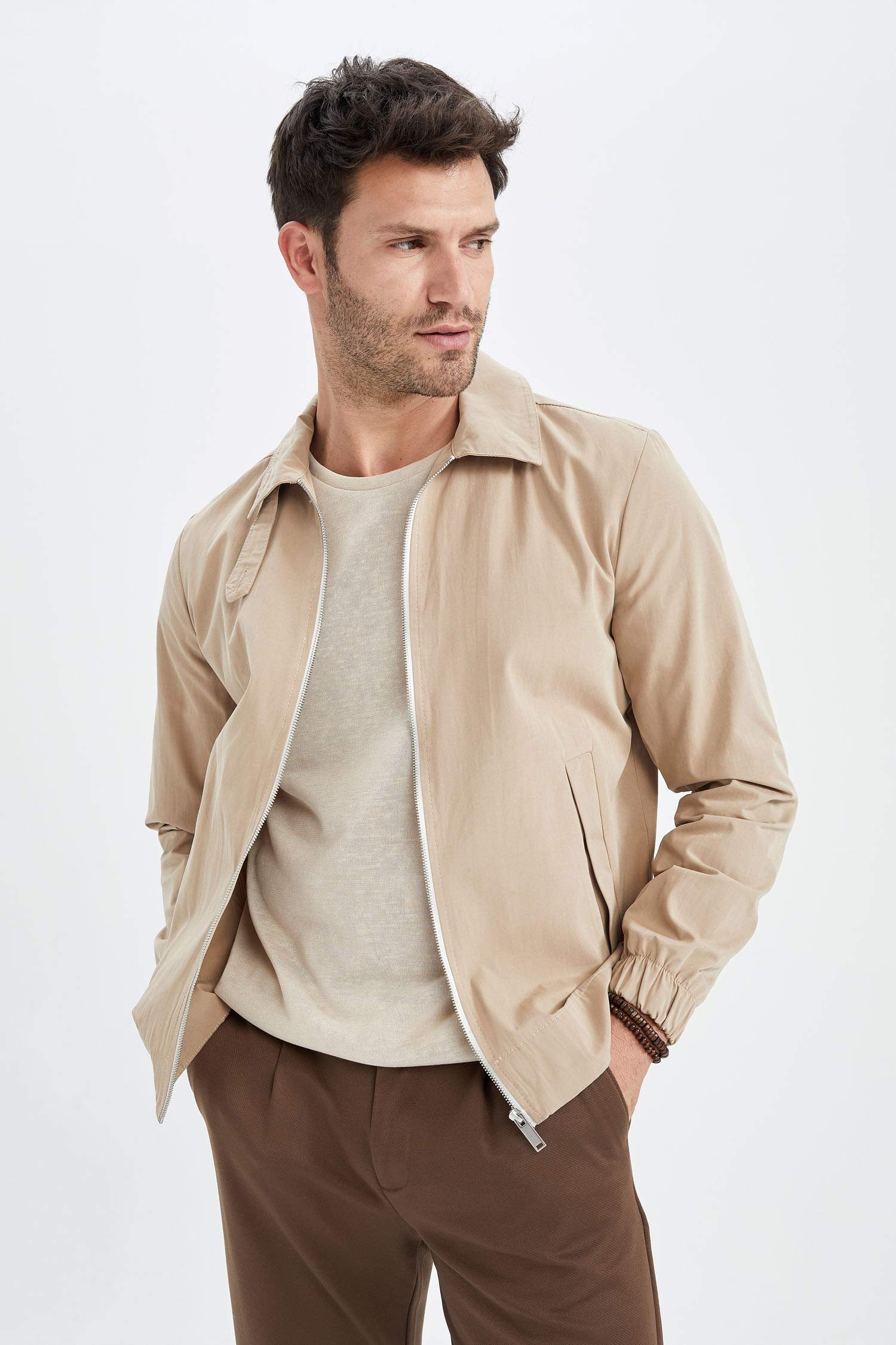 Regular Fit Polo Yaka Fermuar Kapamalı Mevsimlik İnce Mont Ceket