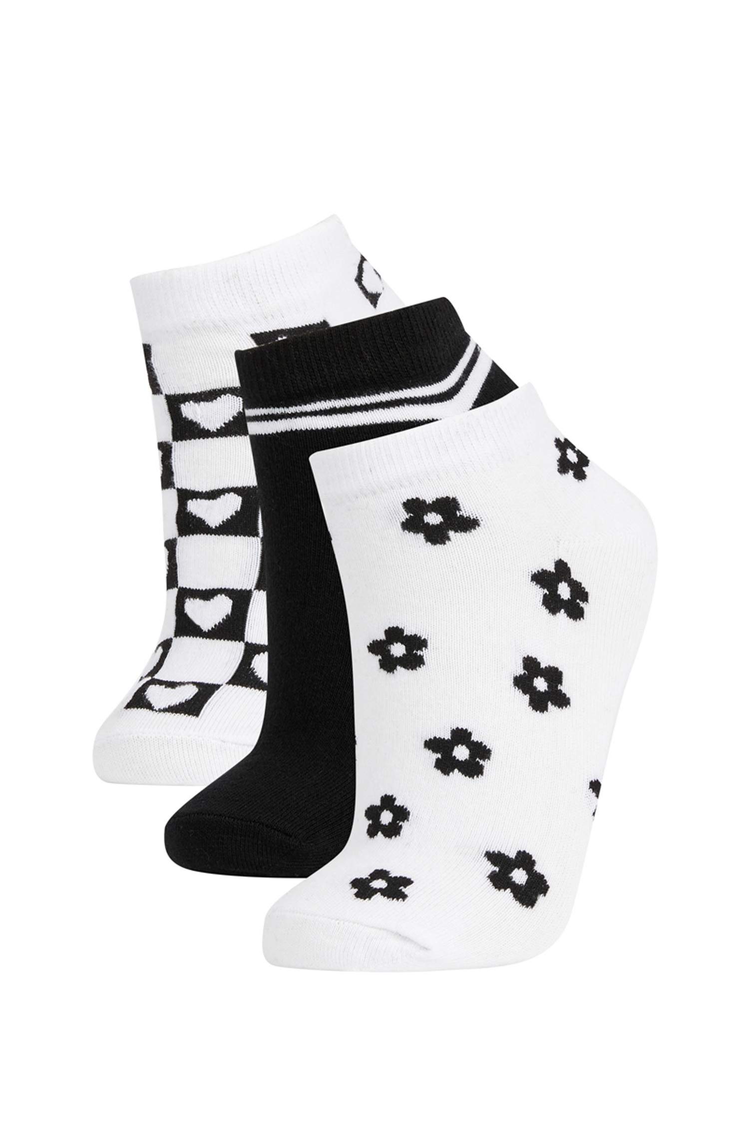 Kadın 3'lü Pamuklu Çizgili Kalp Ve Çiçek Desenli Patik Çorap