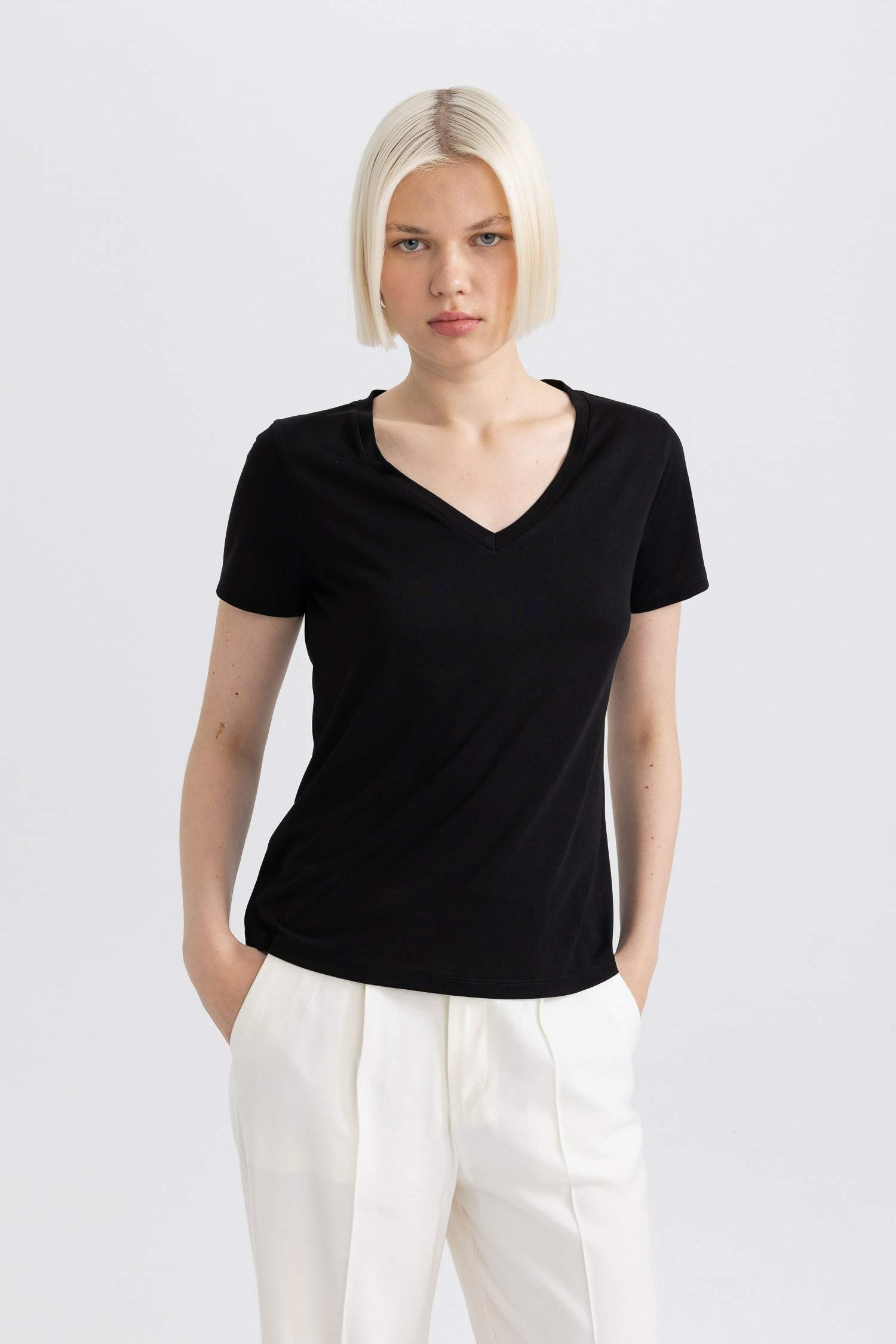 Regular Fit V Neck Basic Short Sleeve T-Shirt