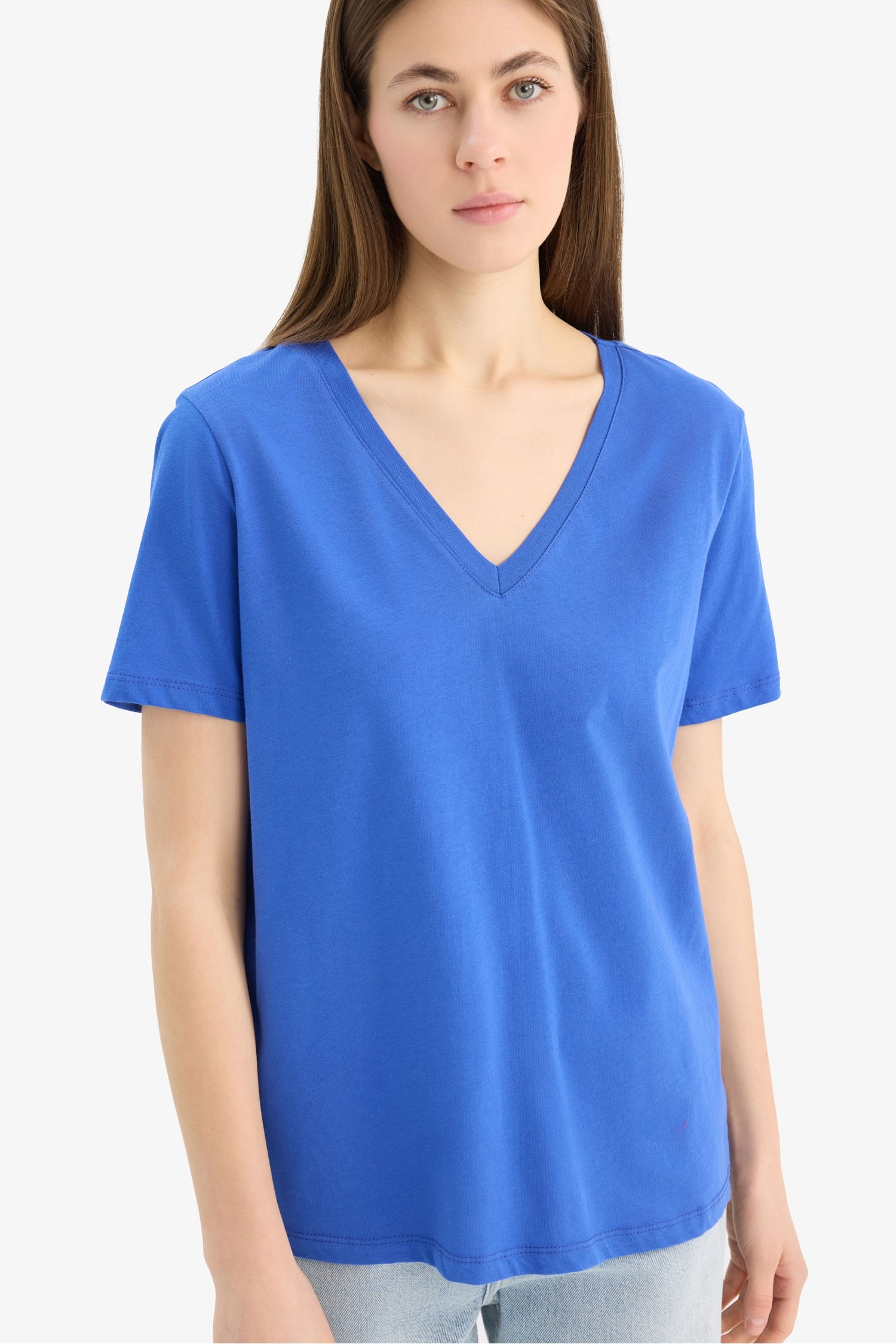 Regular Fit V Yaka Basic Düz Penye Kısa Kollu Tişört